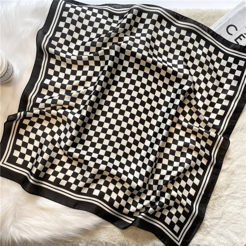 Black Large Checker Print Silky Bandana Scarf