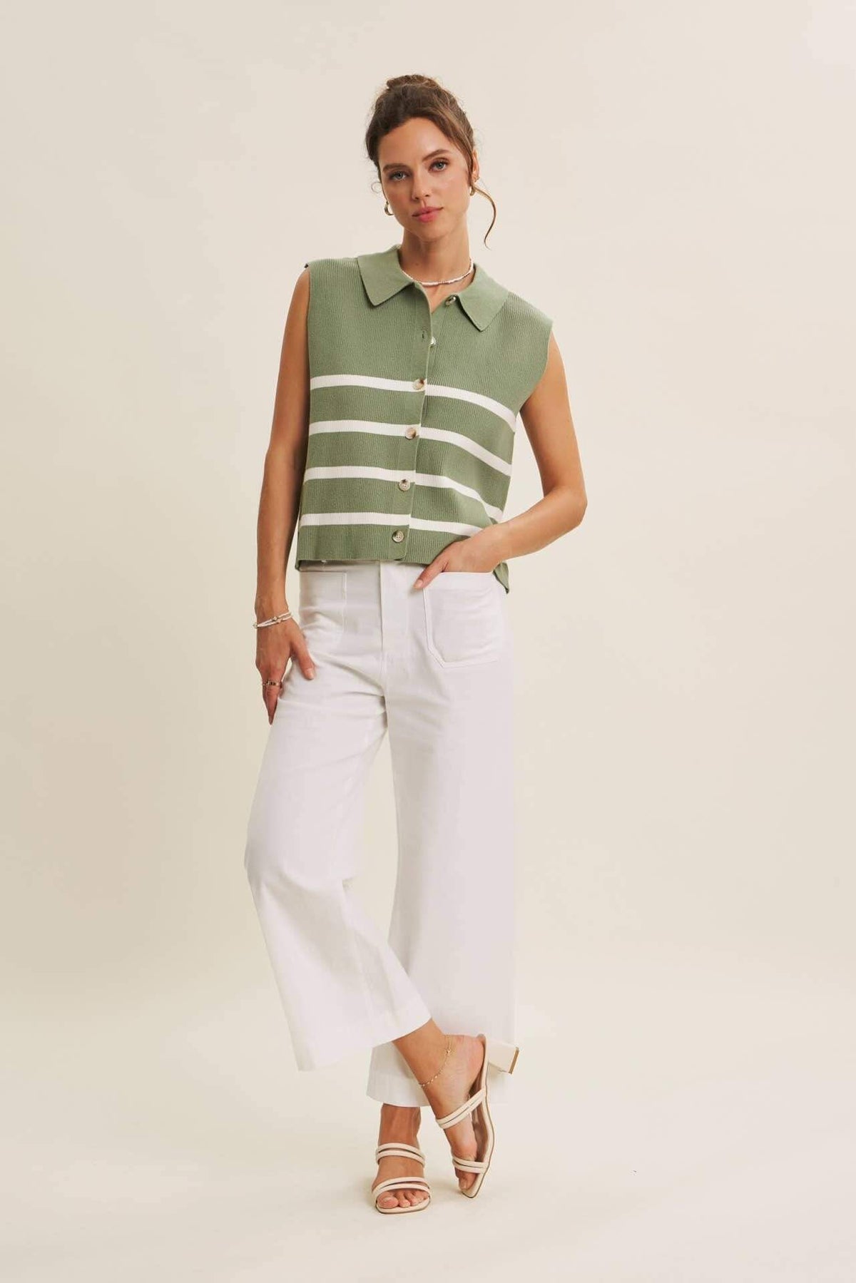 ALL SEASON LAYERING VISCOSE RIB BUTTON-DOWN SWEATER VEST: STONE GREEN / S