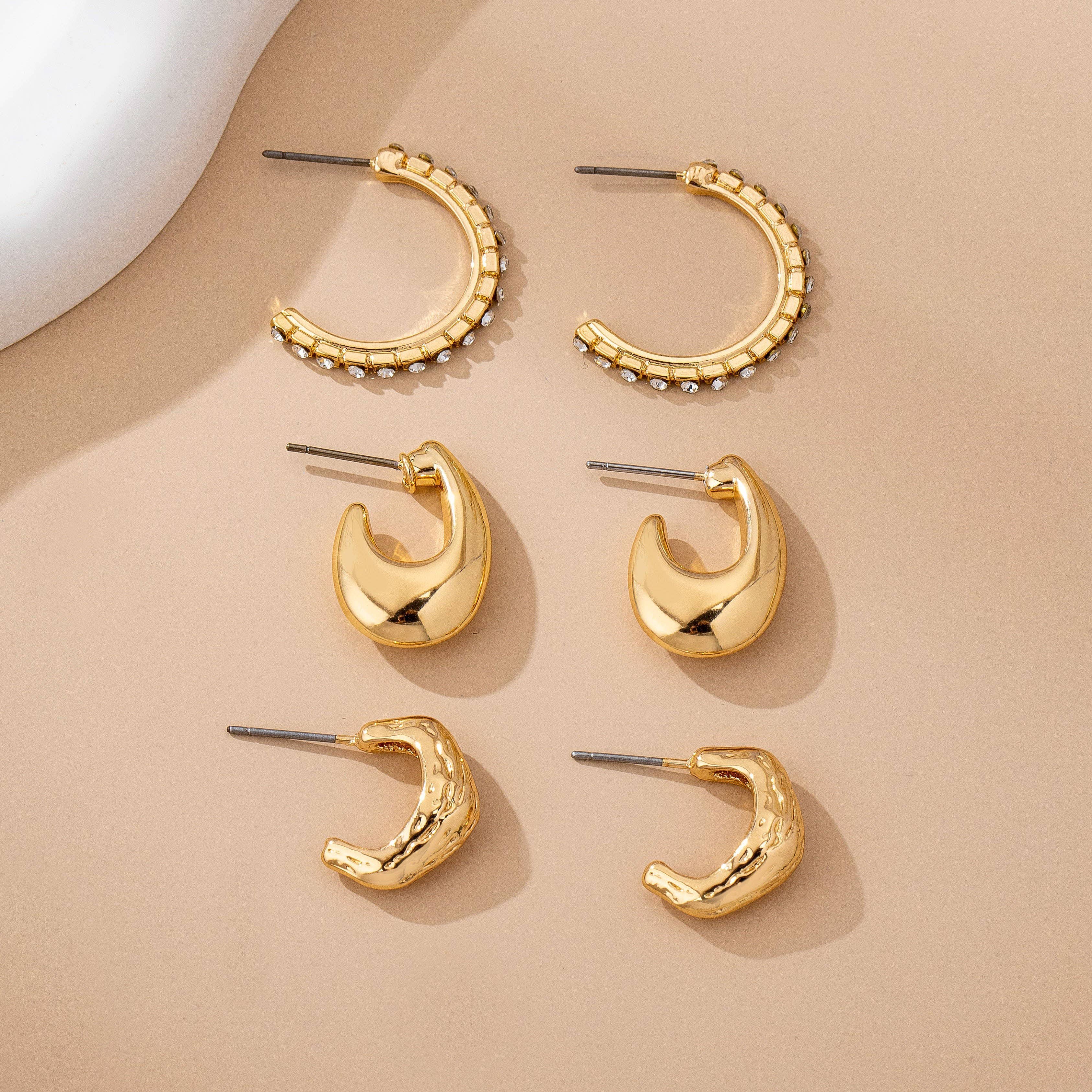 Tapered Rhinestone Huggie Hoop Trio Earring | 80E61671: GOLD