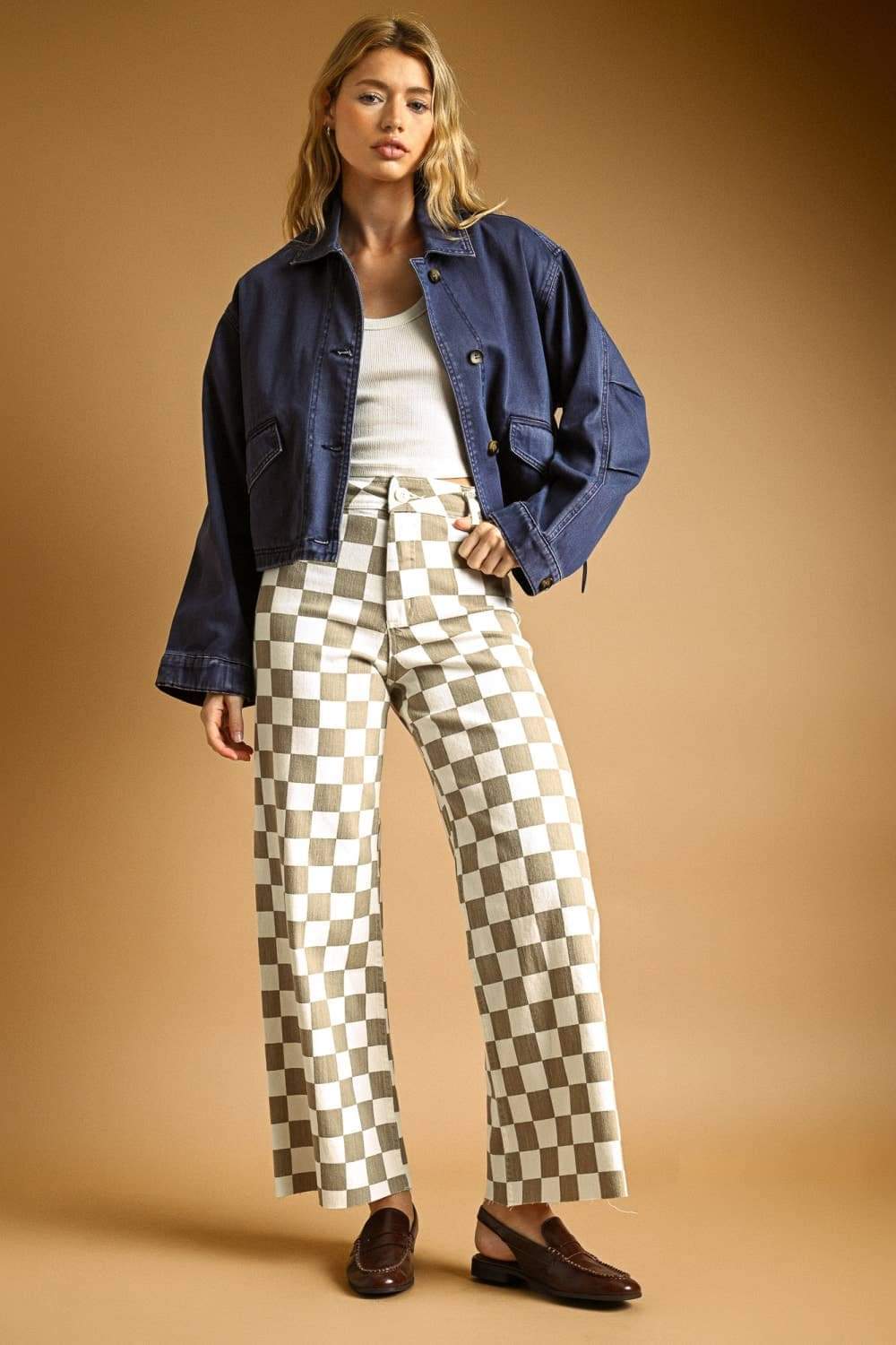 P7497 CHECKER BOARD STREATCH PANTS: TAN / S