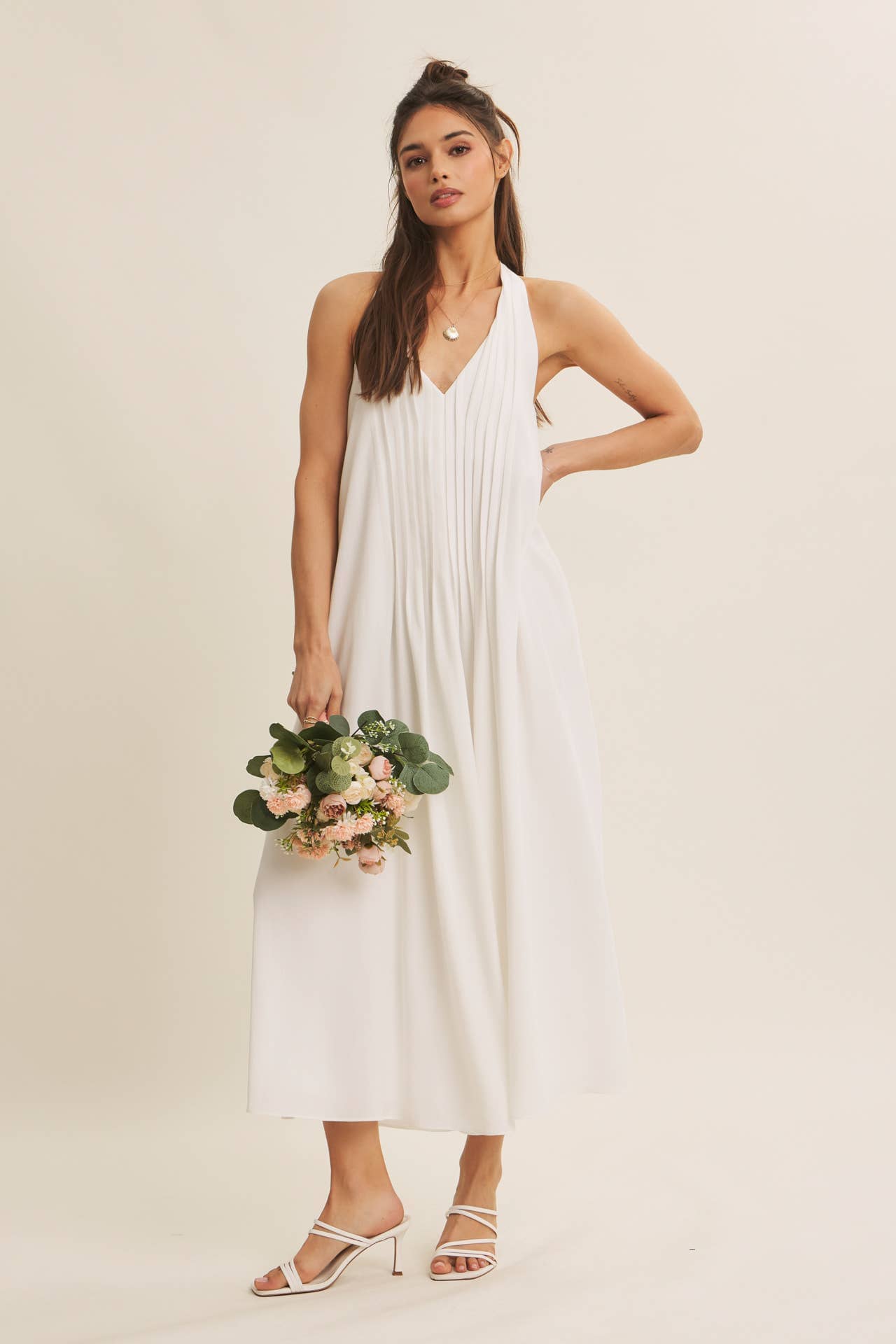 Serene Pintuck Halter Midi Dress – Off White