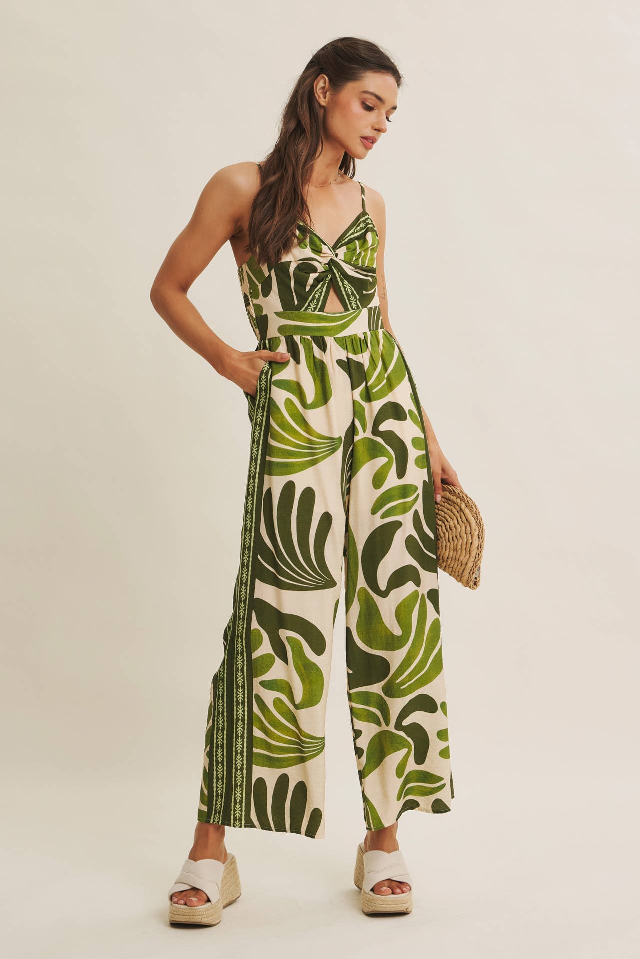 ISLAND BREEZE BORDER PRINT KNOT FRONT WIDE-LEG JUMPSUIT: OLIVE / L