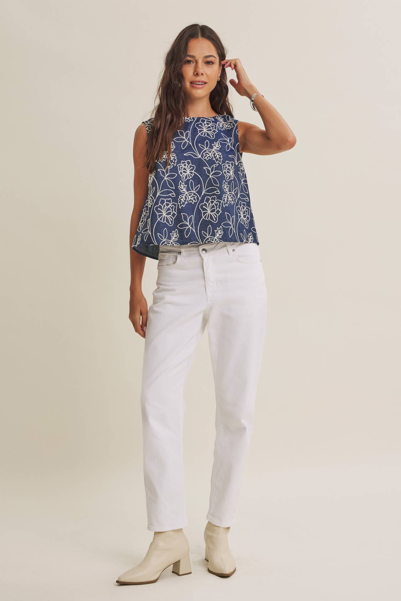 Coastal Chambray Embroidered Blouse with Statement Bow Back