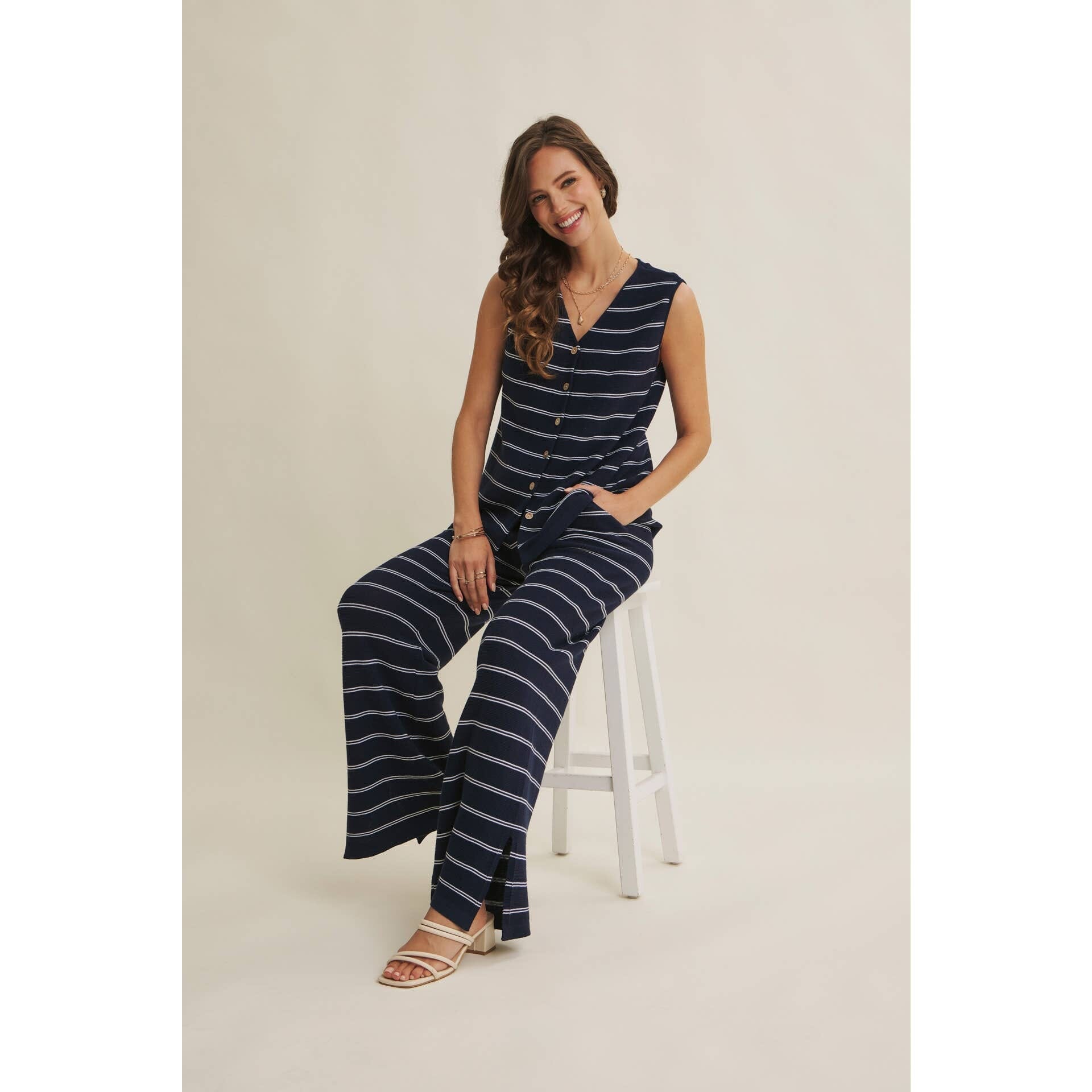 Navy Stripe Linen-Cotton Sleeveless Sweater Top
