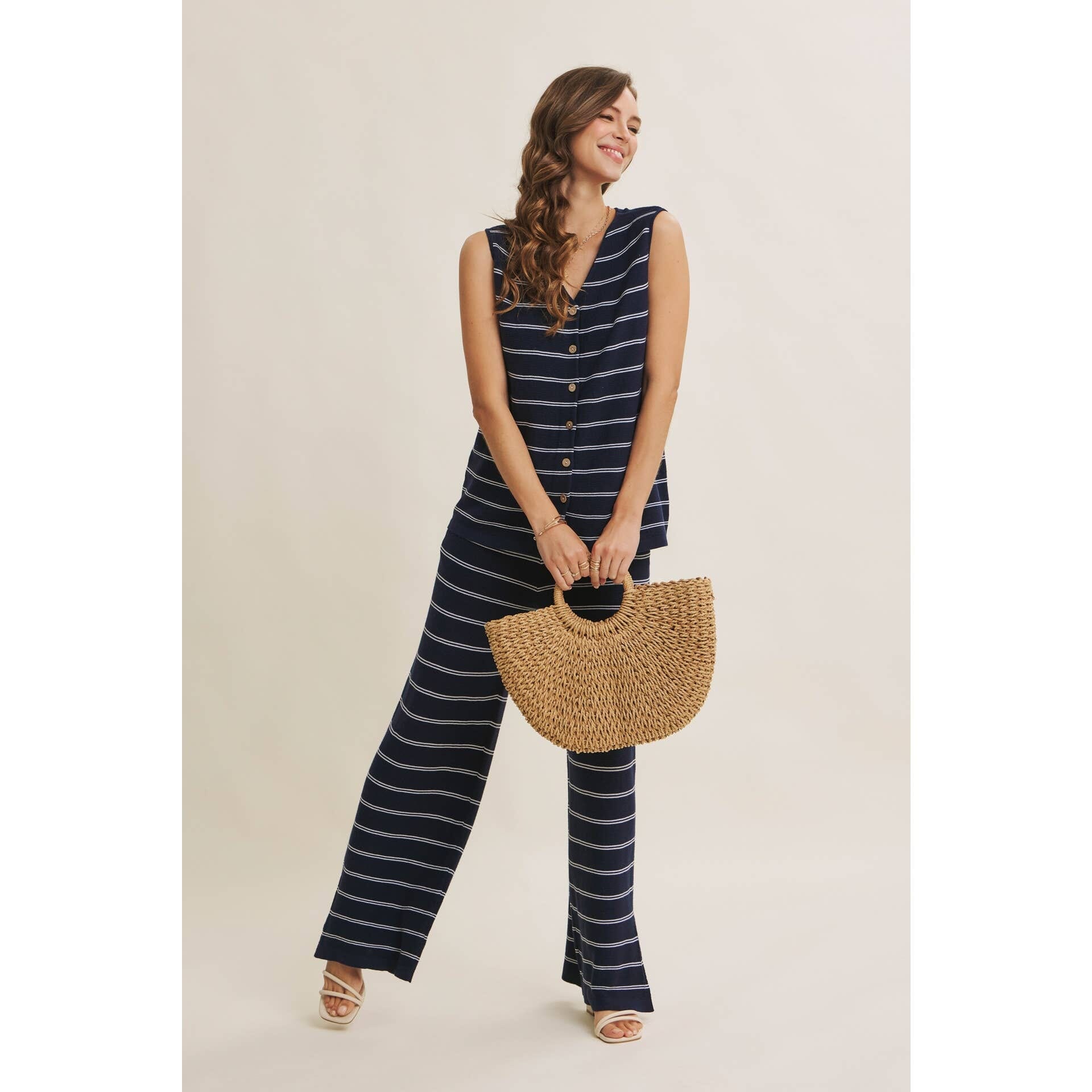 Navy Stripe Linen-Cotton Sleeveless Sweater Top