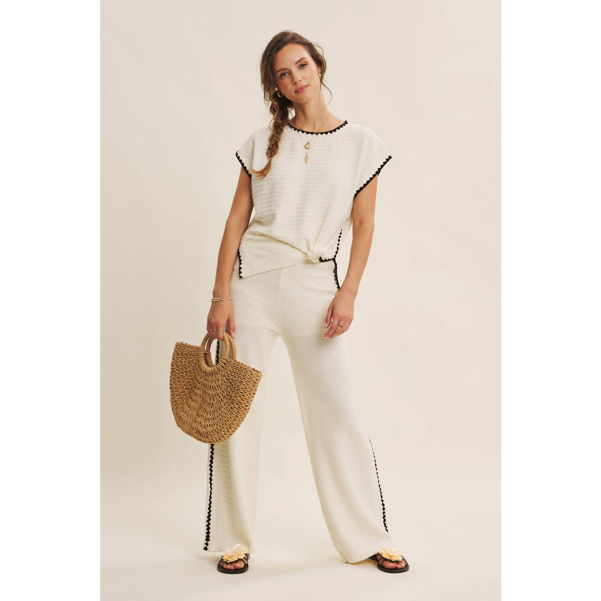 Ivory Coastal Textured Wide-Leg Knit Pants