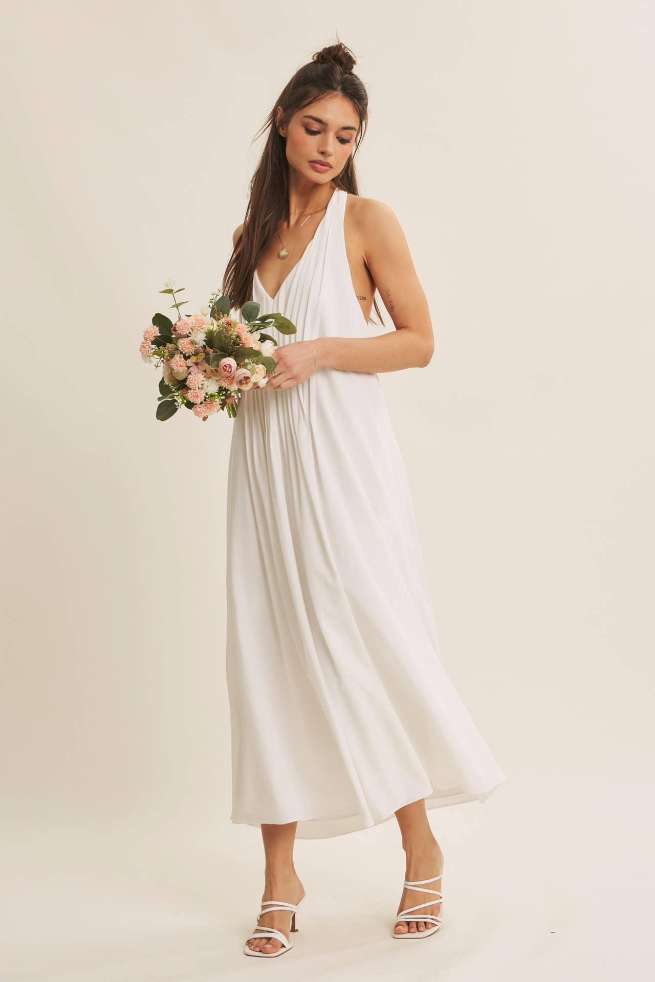 Serene Pintuck Halter Midi Dress – Off White