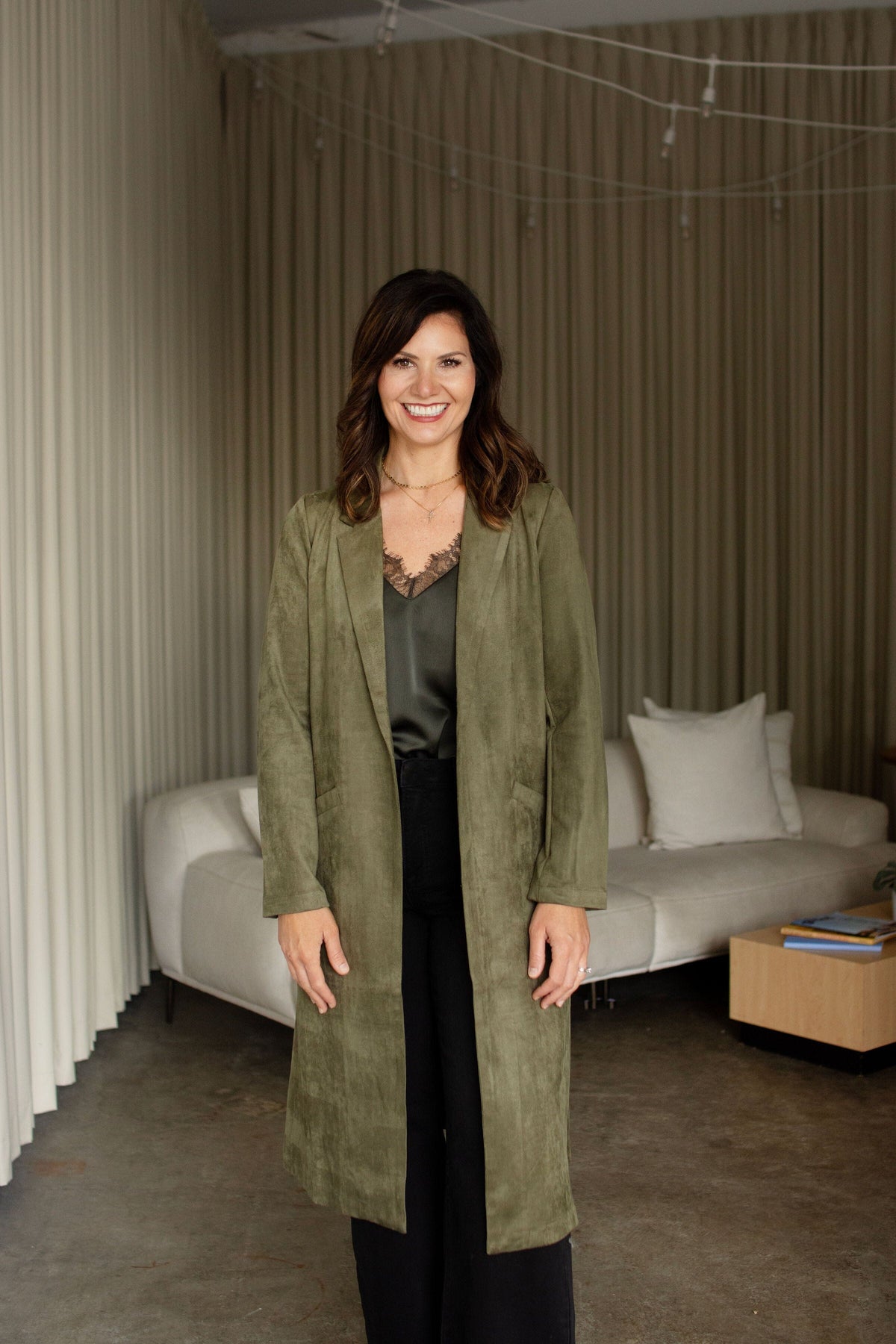 Olive Luxe Faux Suede Duster Jacket – Lightweight Open Front Layering Piece
