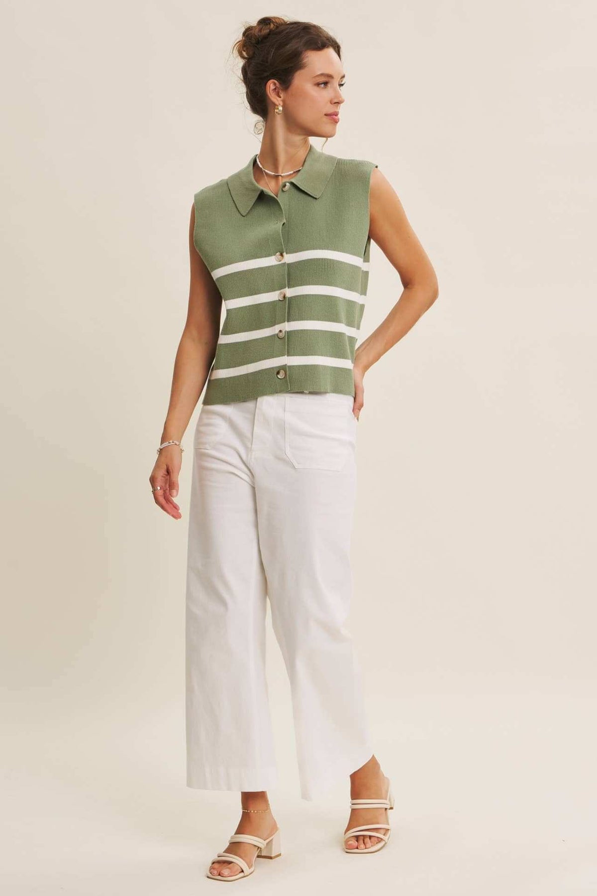 ALL SEASON LAYERING VISCOSE RIB BUTTON-DOWN SWEATER VEST: STONE GREEN / S