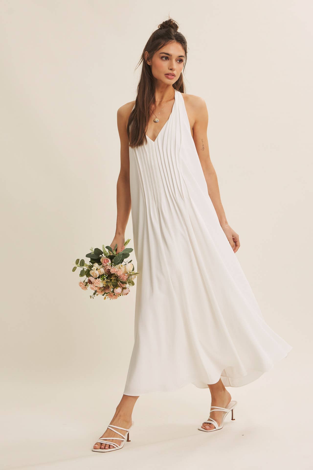 Serene Pintuck Halter Midi Dress – Off White