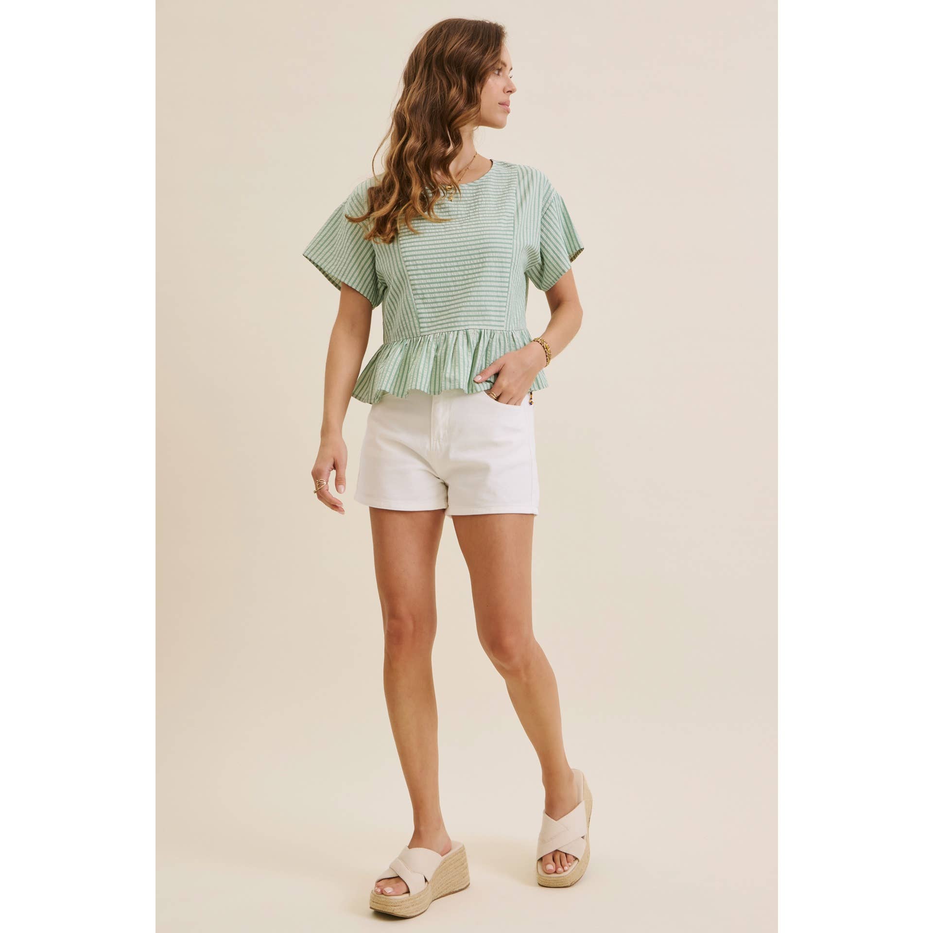 EVERYDAY VERSATILITY BABYDOLL STRIPE PEPLUM BLOUSE TOP: CLOVER GREEN / S | Stella & Grace Boutique .