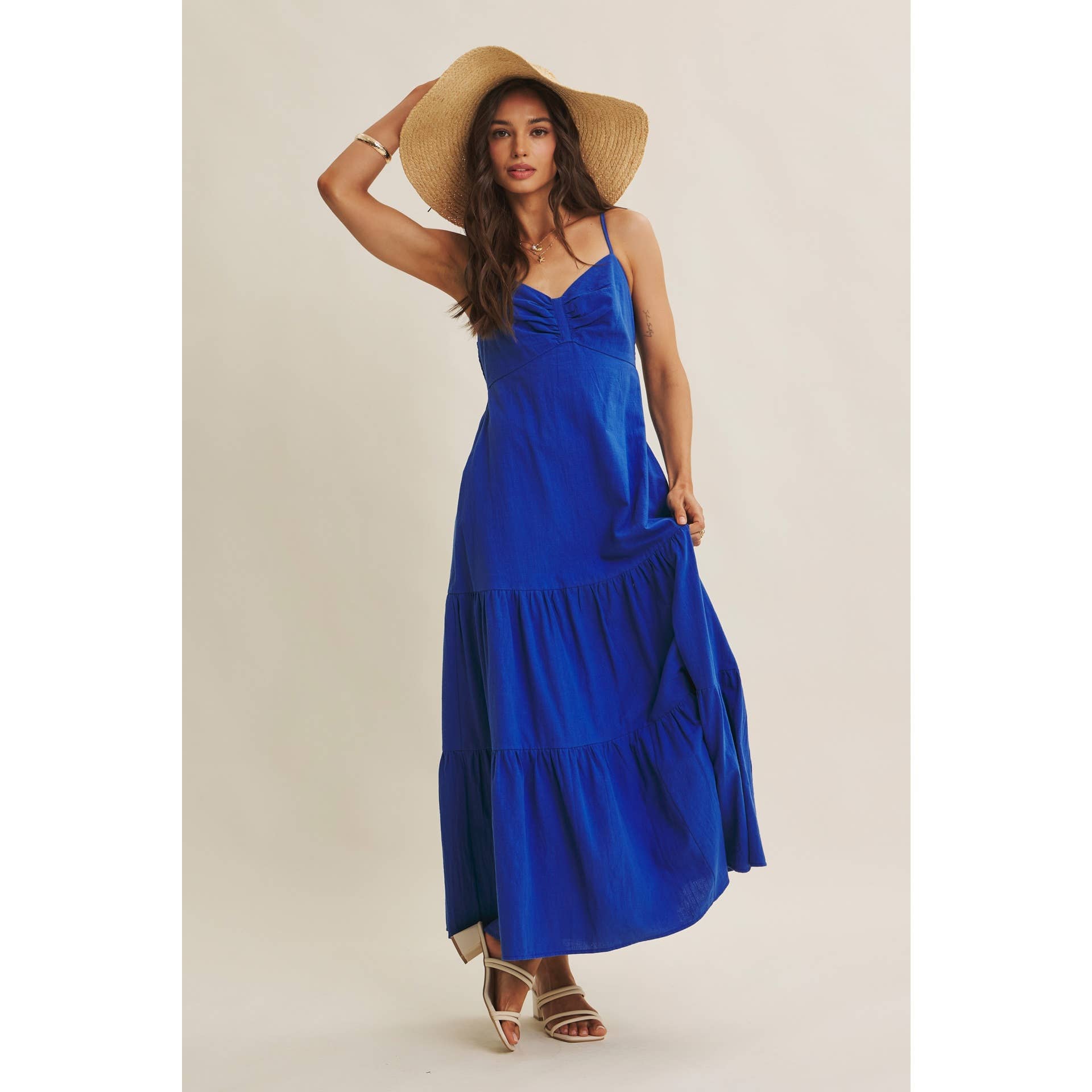 Royal Blue Smocked Back Ruched Cotton Maxi Dress with Pockets