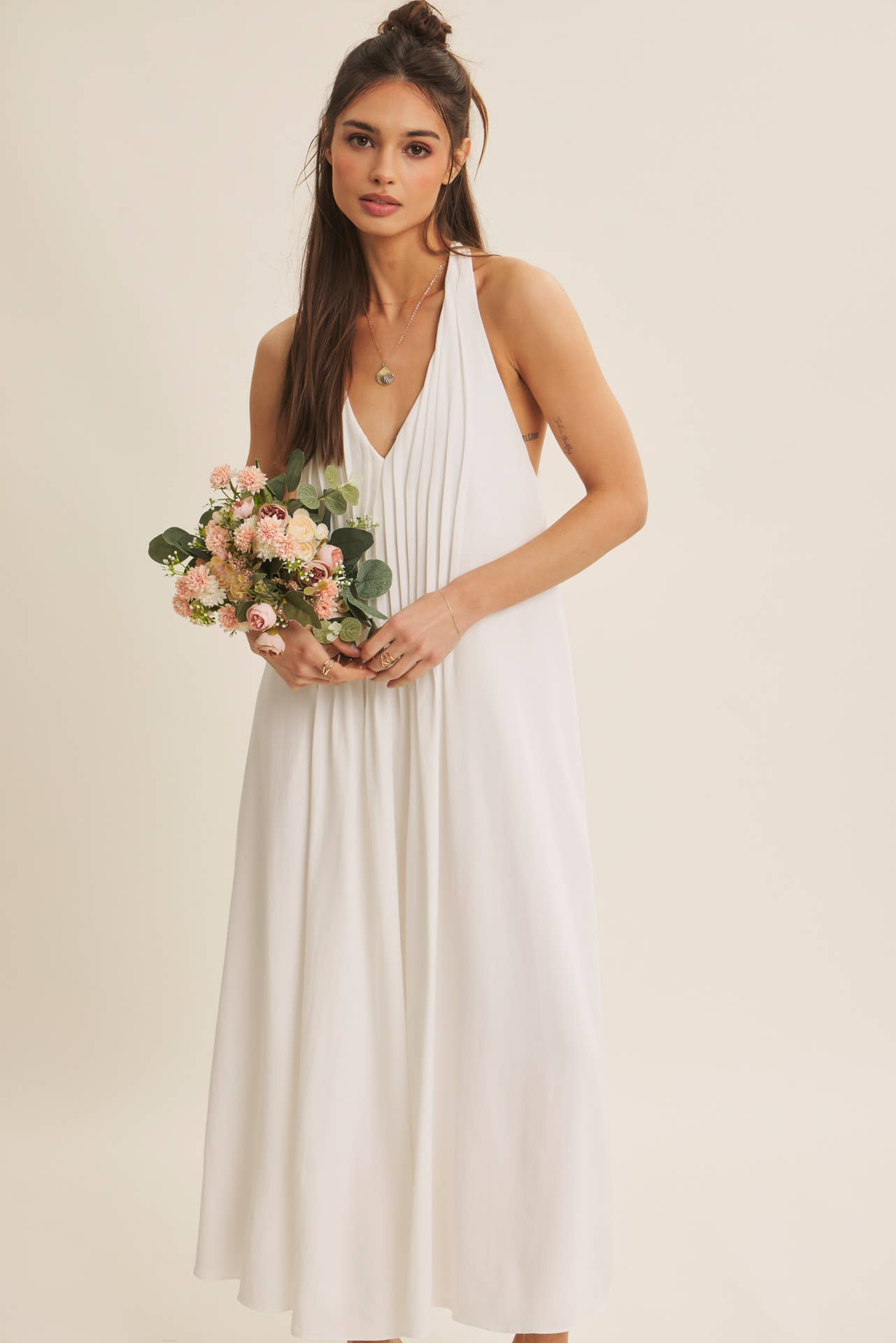 Serene Pintuck Halter Midi Dress – Off White