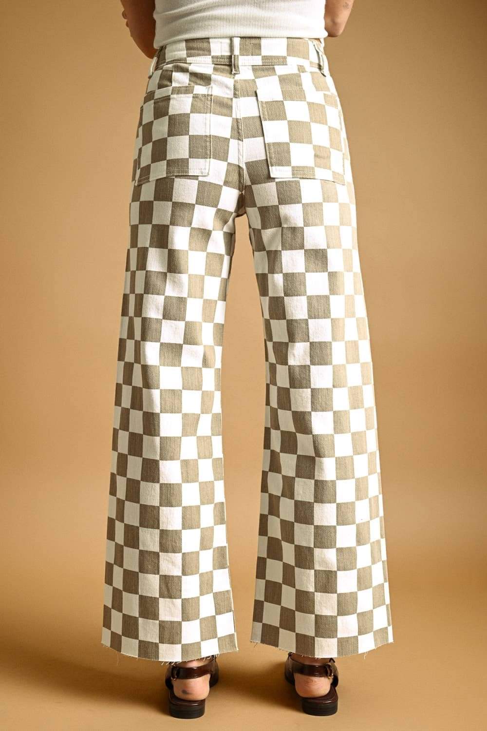 P7497 CHECKER BOARD STREATCH PANTS: TAN / S