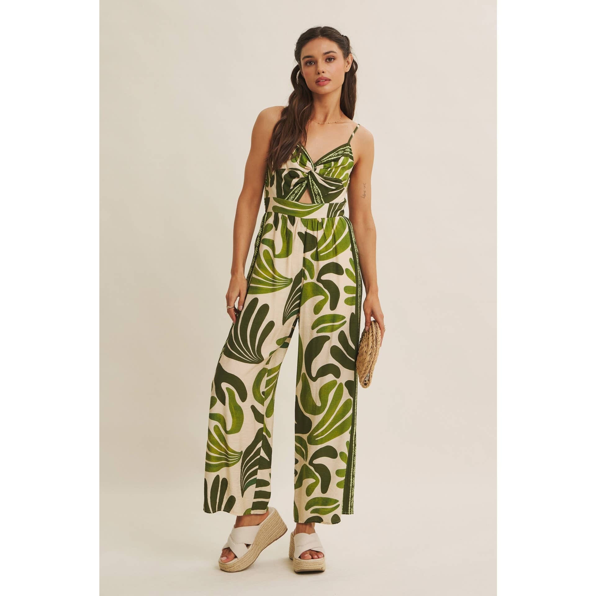 ISLAND BREEZE BORDER PRINT KNOT FRONT WIDE-LEG JUMPSUIT: OLIVE / L