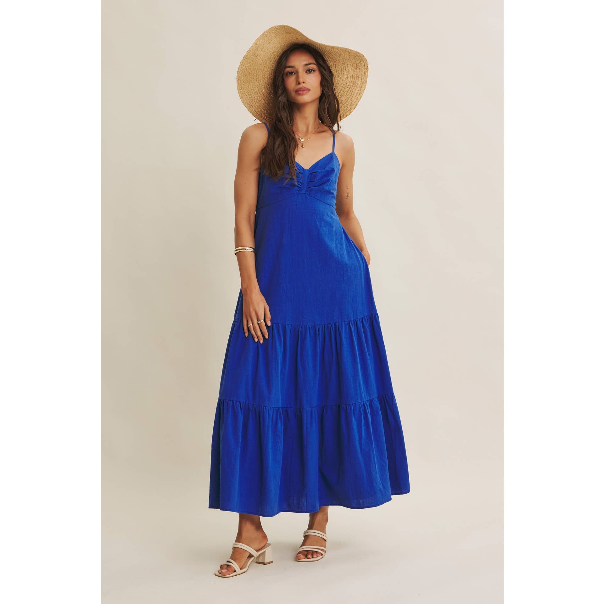 Royal Blue Smocked Back Ruched Cotton Maxi Dress with Pockets