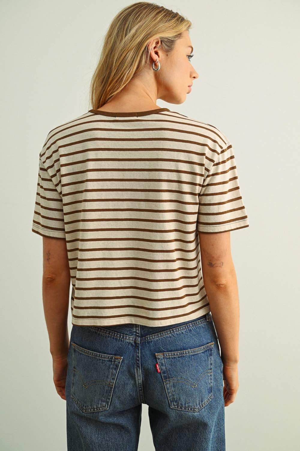 Sienna Brown Striped Linen-Blend Cropped Ringer Tee