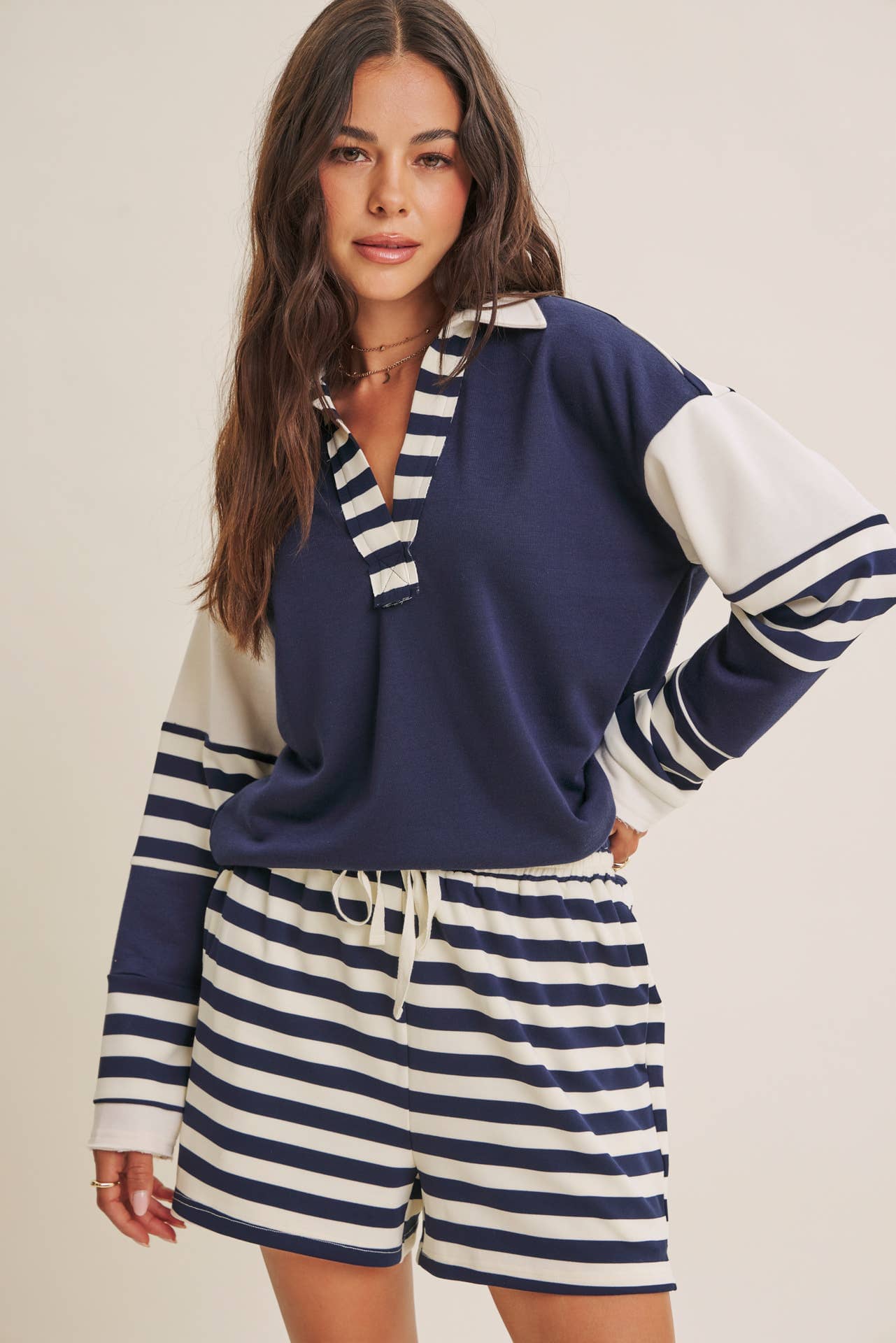 Coastal Stripe Relaxed French Terry Collared Top