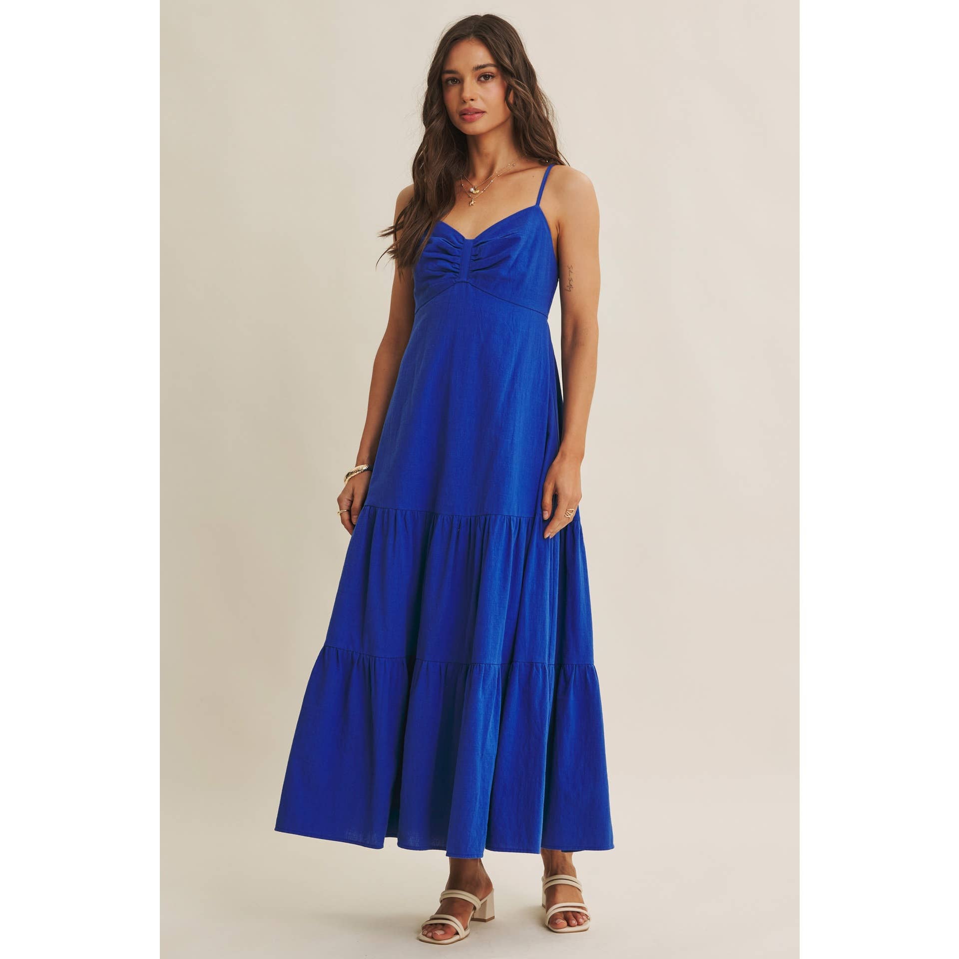 Royal Blue Smocked Back Ruched Cotton Maxi Dress with Pockets