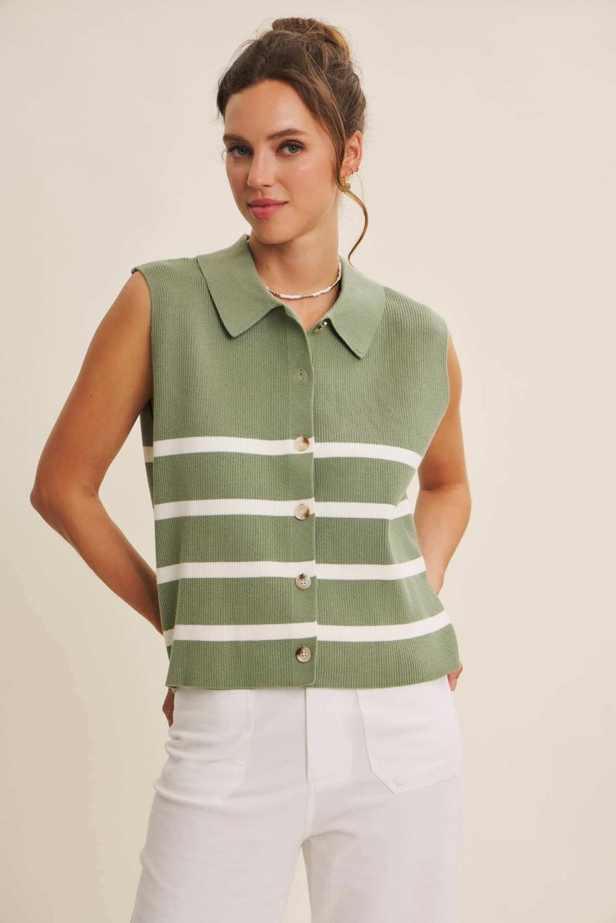 ALL SEASON LAYERING VISCOSE RIB BUTTON-DOWN SWEATER VEST: STONE GREEN / S