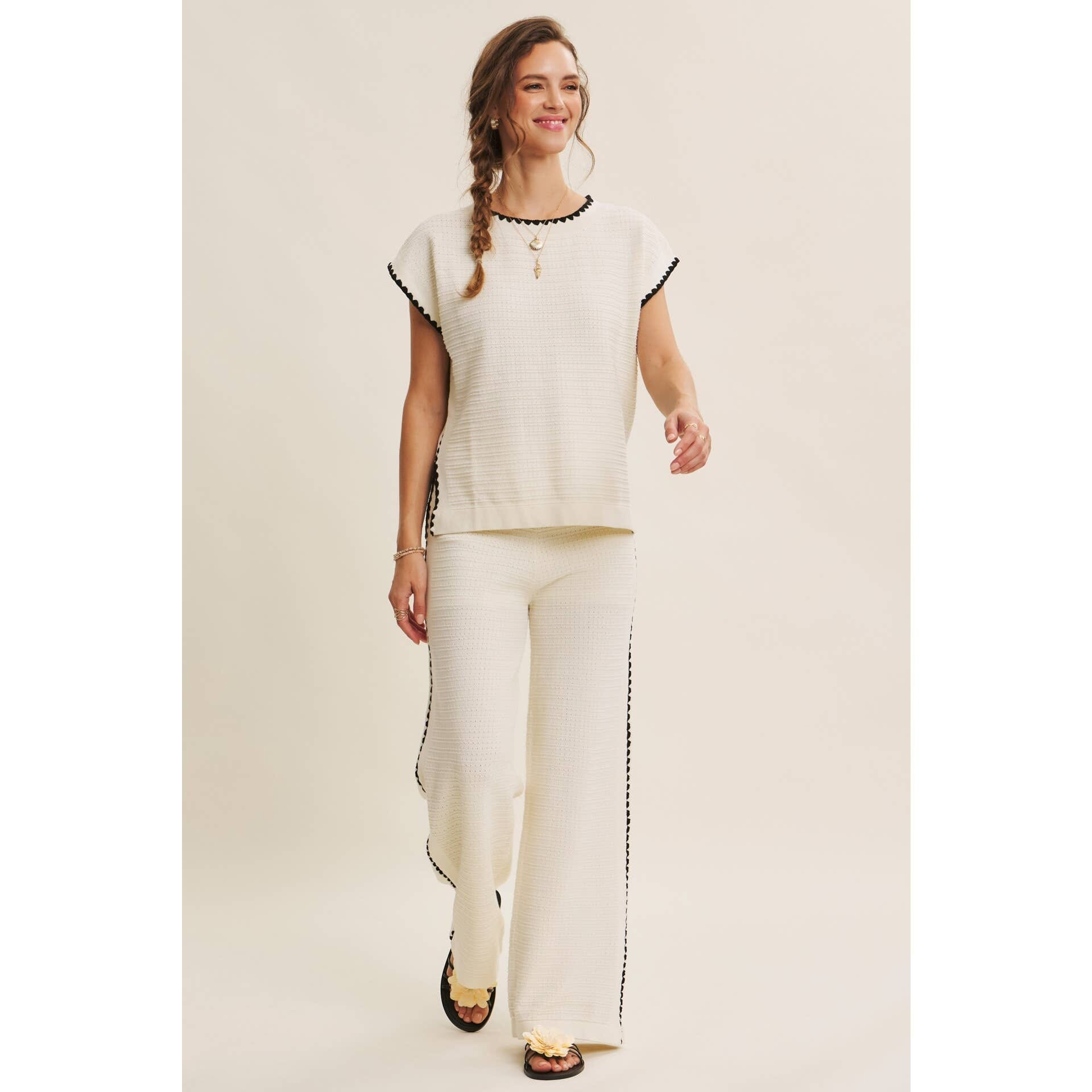 Ivory Coastal Textured Wide-Leg Knit Pants