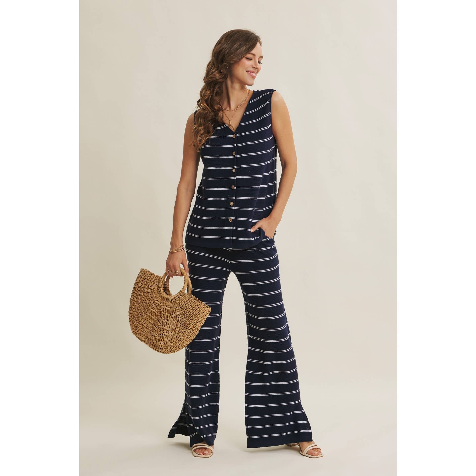 Navy Stripe Linen-Cotton Sleeveless Sweater Top