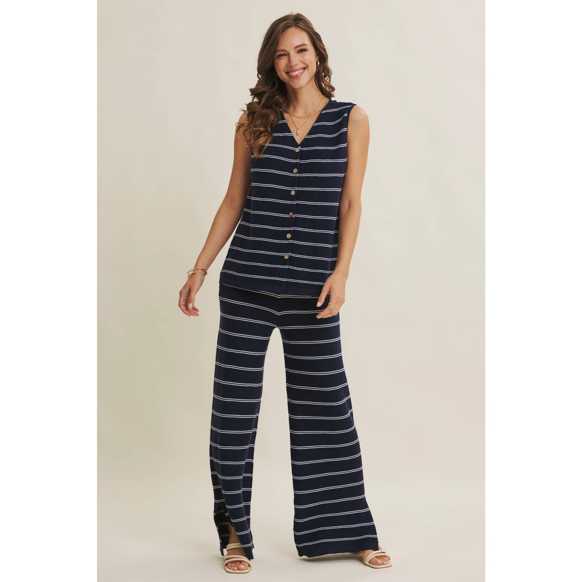 BAYSIDE LEISURE STRIPED BUTTON-DOWN LINEN BLEND SWEATER TOP: NAVY/CREAM / S | Stella & Grace Boutique .