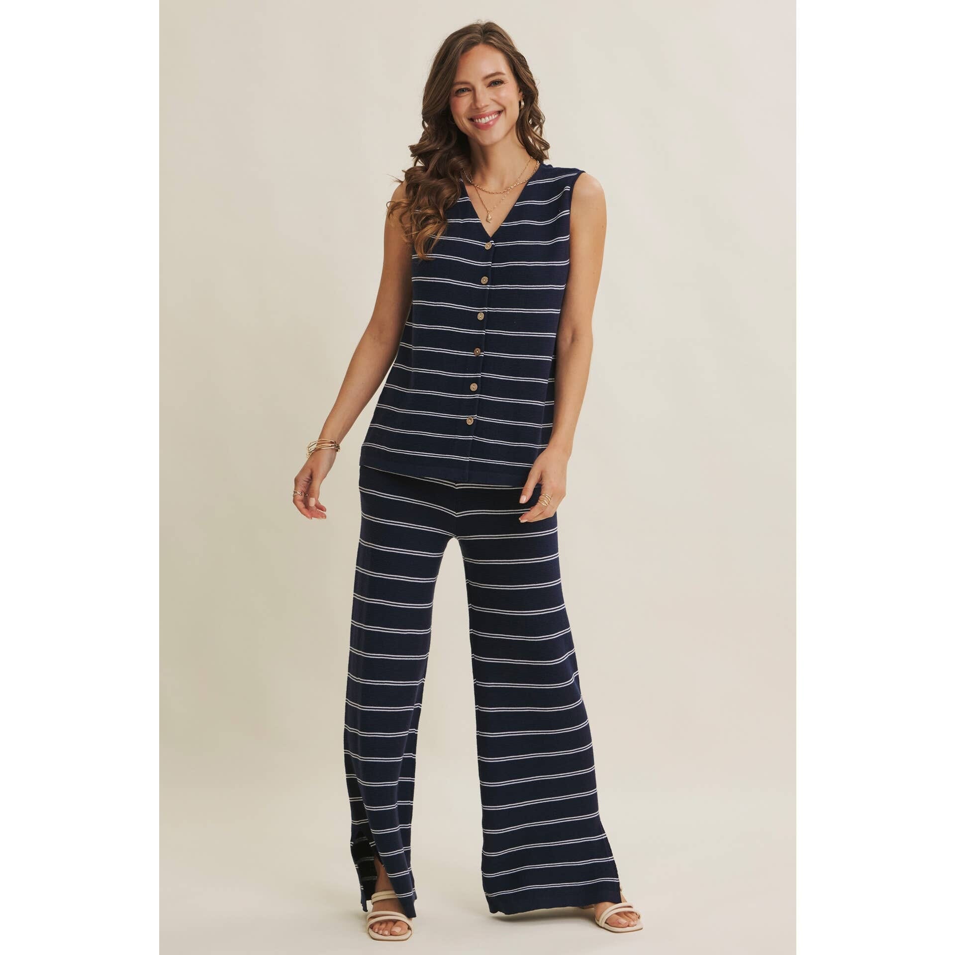 Navy Stripe Linen-Cotton Sleeveless Sweater Top