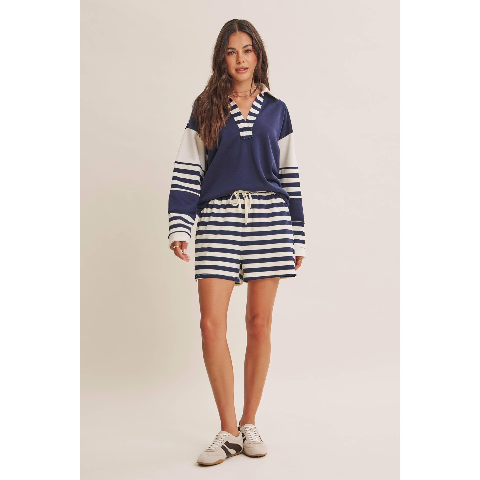 Coastal Stripe Relaxed French Terry Collared Top