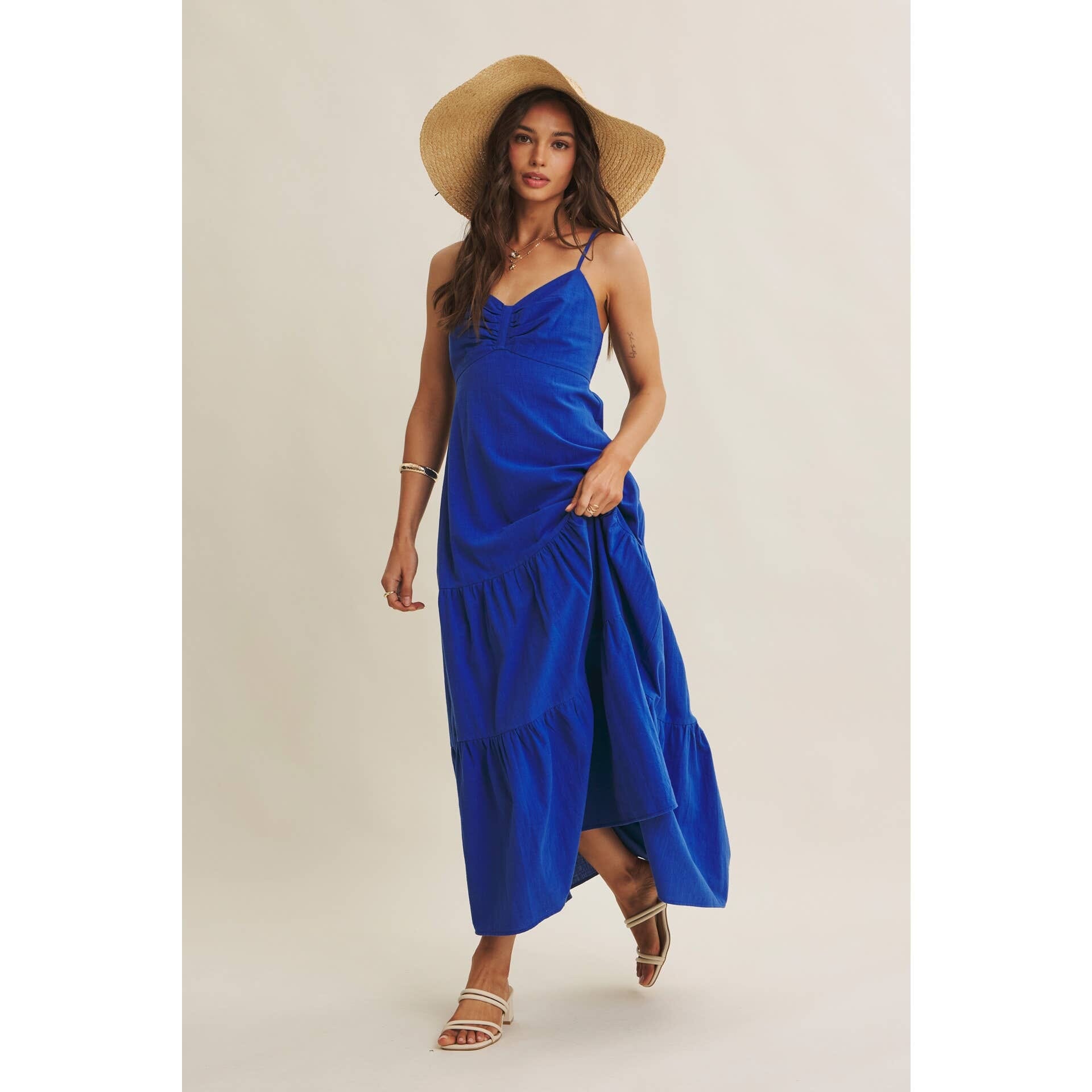 Royal Blue Smocked Back Ruched Cotton Maxi Dress with Pockets