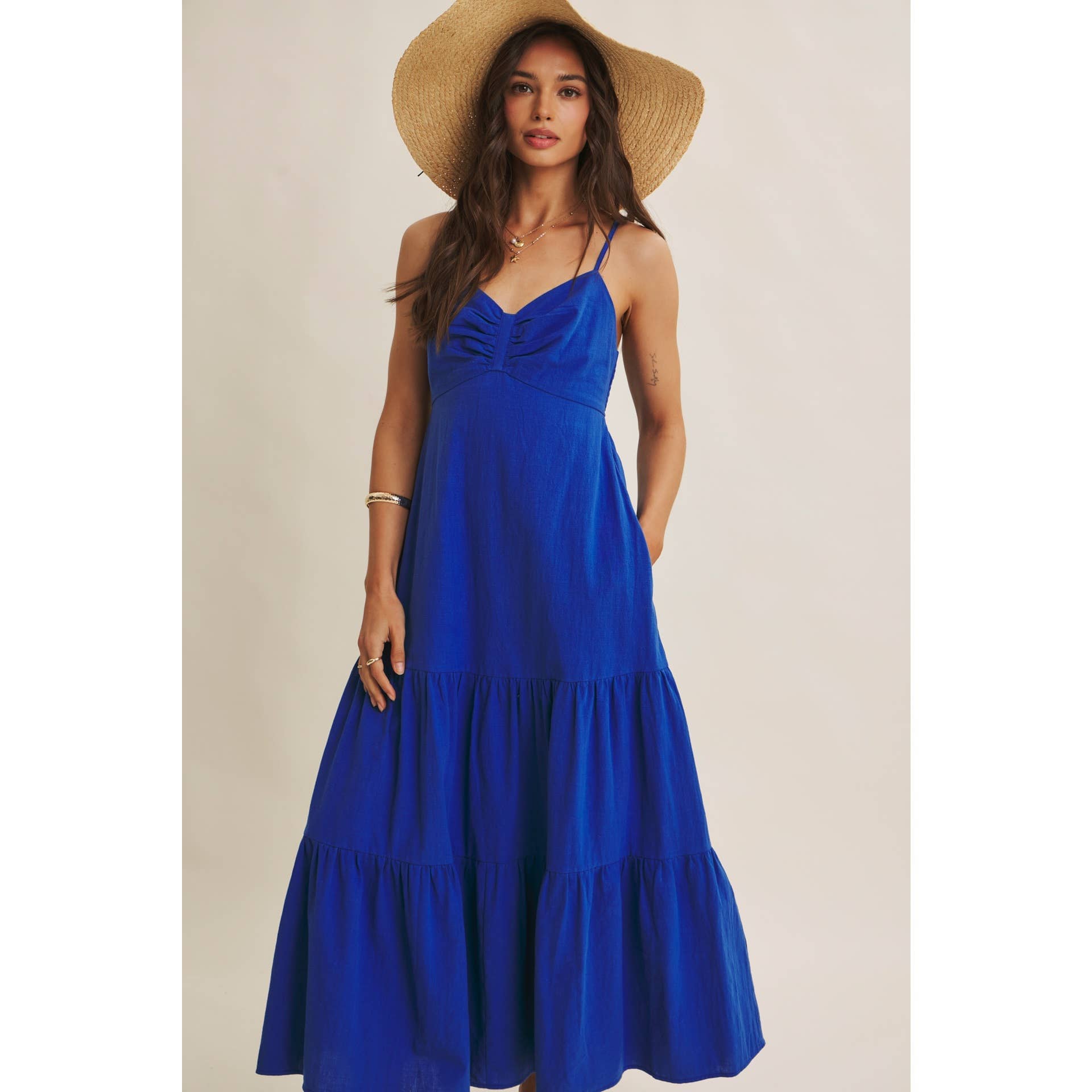 Royal Blue Smocked Back Ruched Cotton Maxi Dress with Pockets