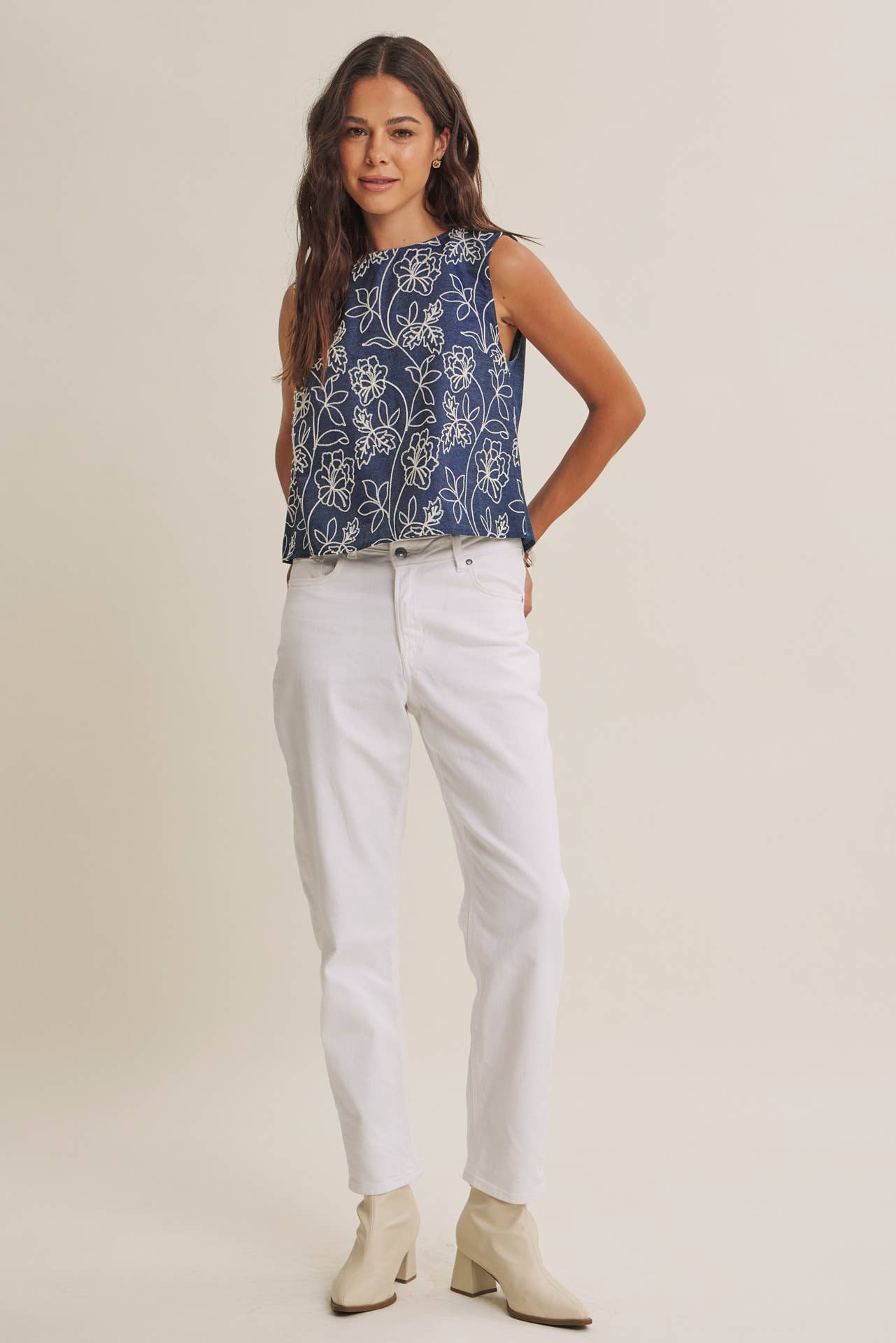 Coastal Chambray Embroidered Blouse with Statement Bow Back