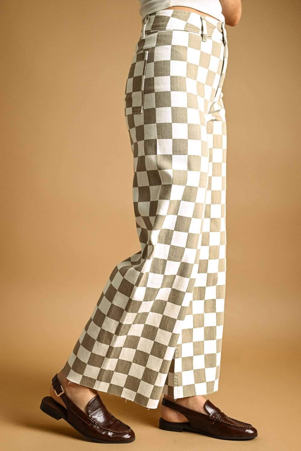 P7497 CHECKER BOARD STREATCH PANTS: TAN / S