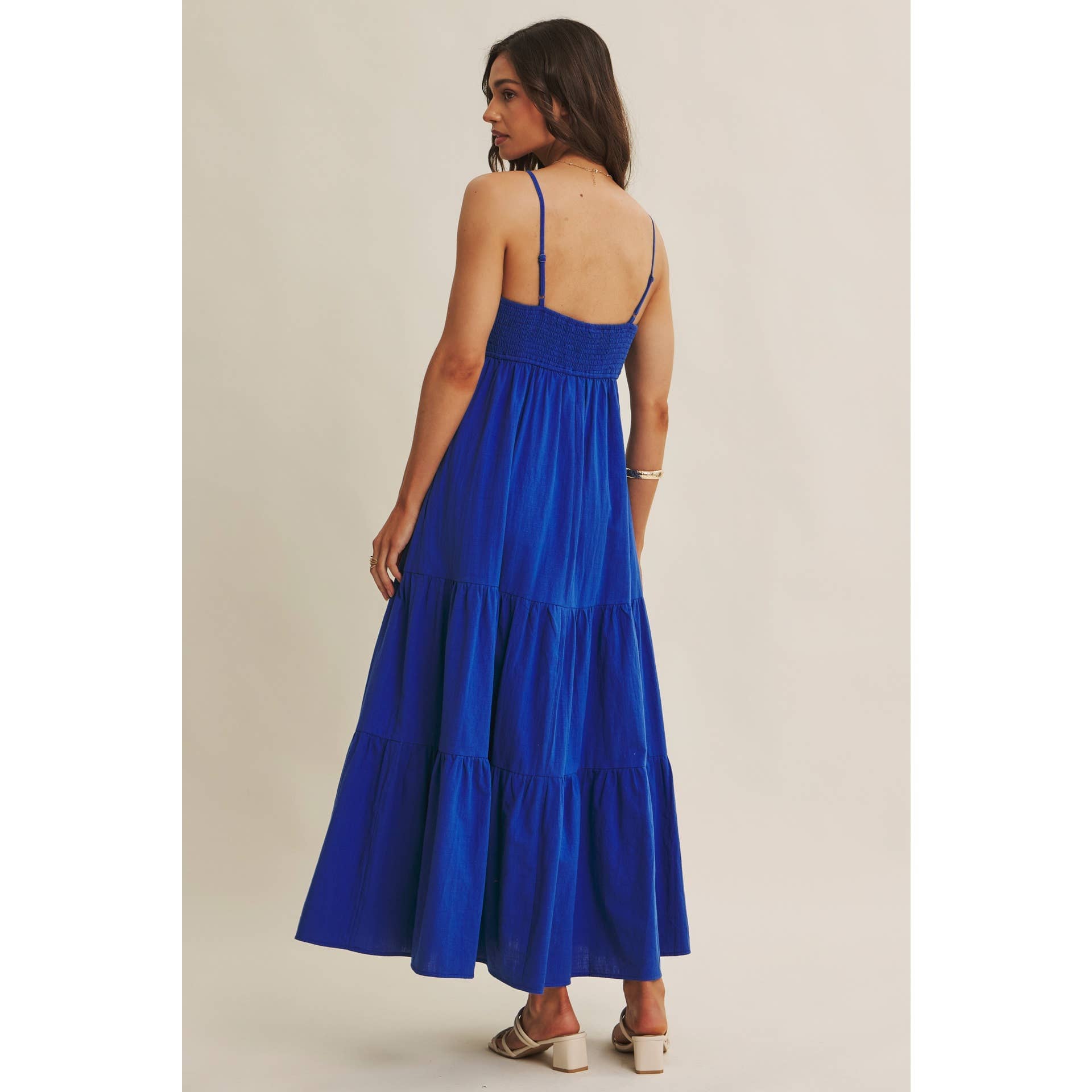 Royal Blue Smocked Back Ruched Cotton Maxi Dress with Pockets