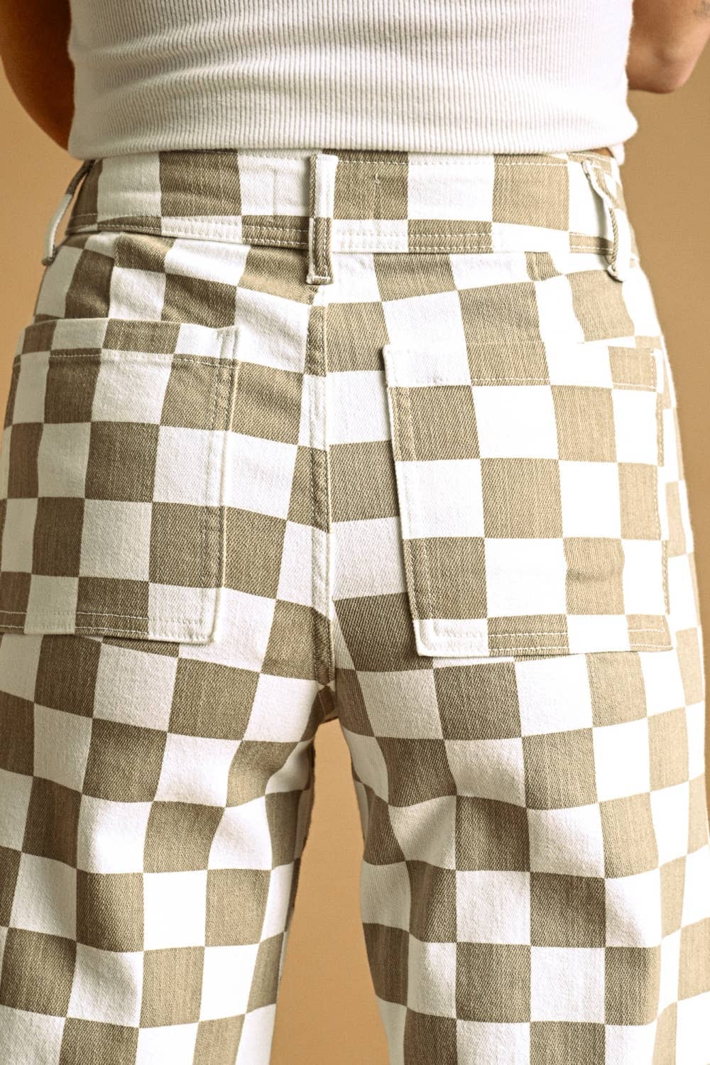 P7497 CHECKER BOARD STREATCH PANTS: TAN / S