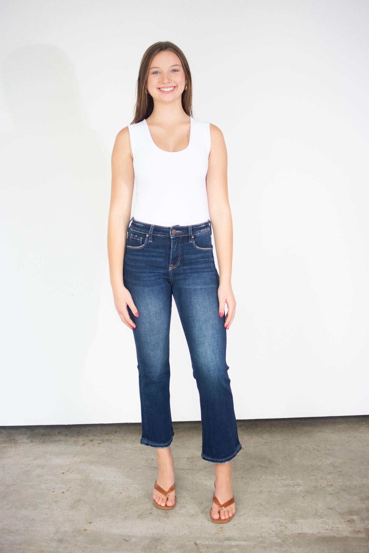 RISEN Deep Blue Tummy Control High Rise Crop Bootcut Jeans