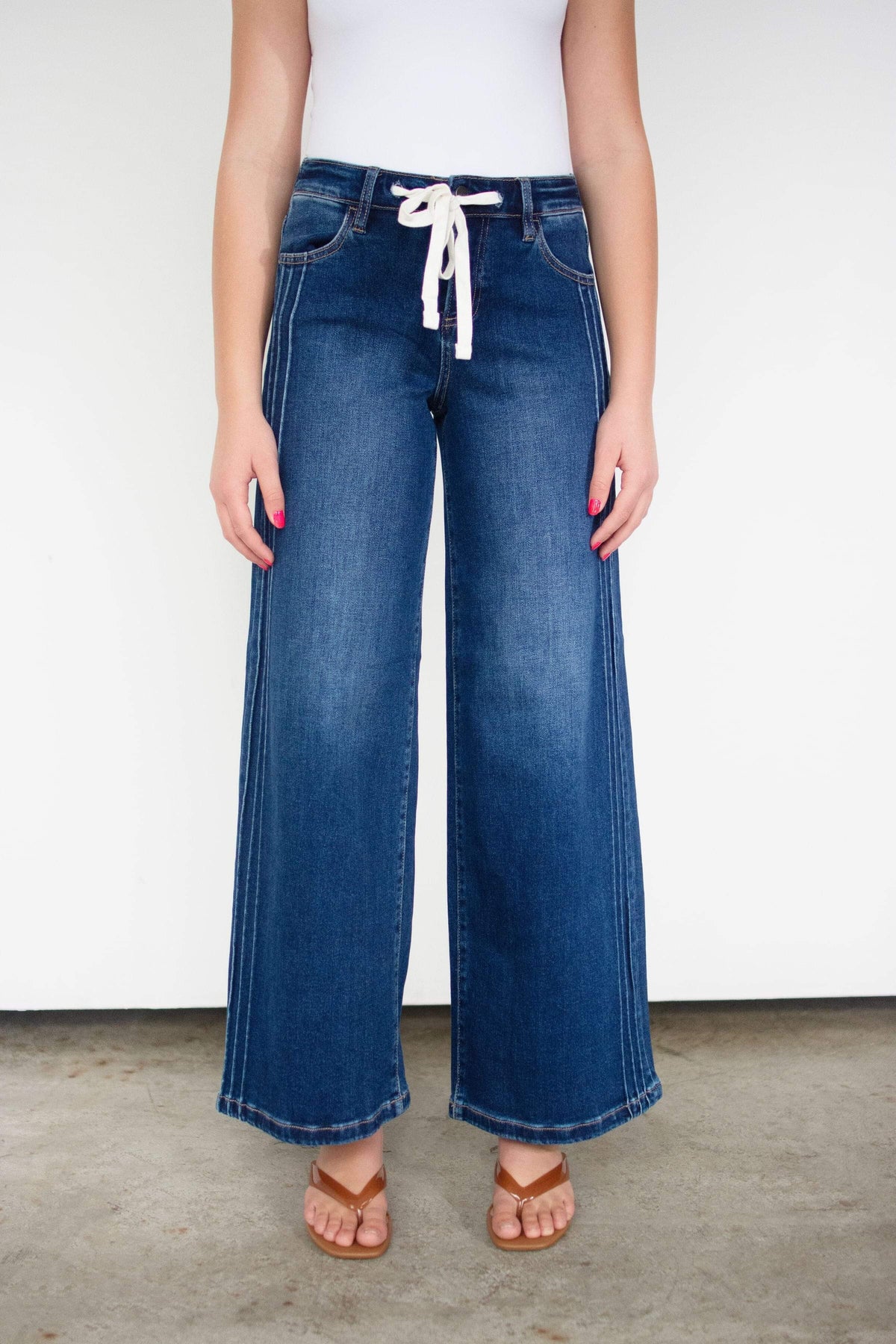 RISEN Elastic Band High Rise Wide Leg Side Pintuck Front Drawstring Jeans