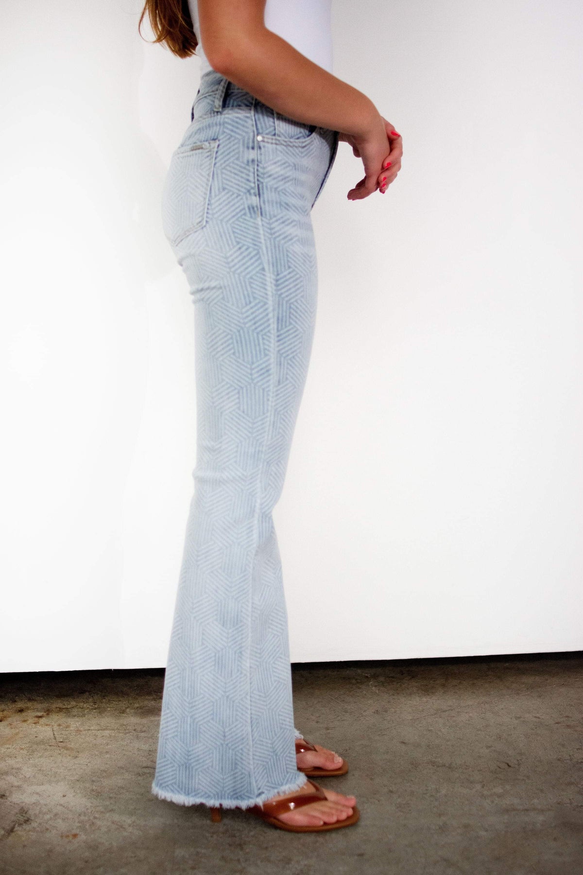 RISEN Sculpting High-Rise Flare Jeans – Geometric Print & Tummy Control