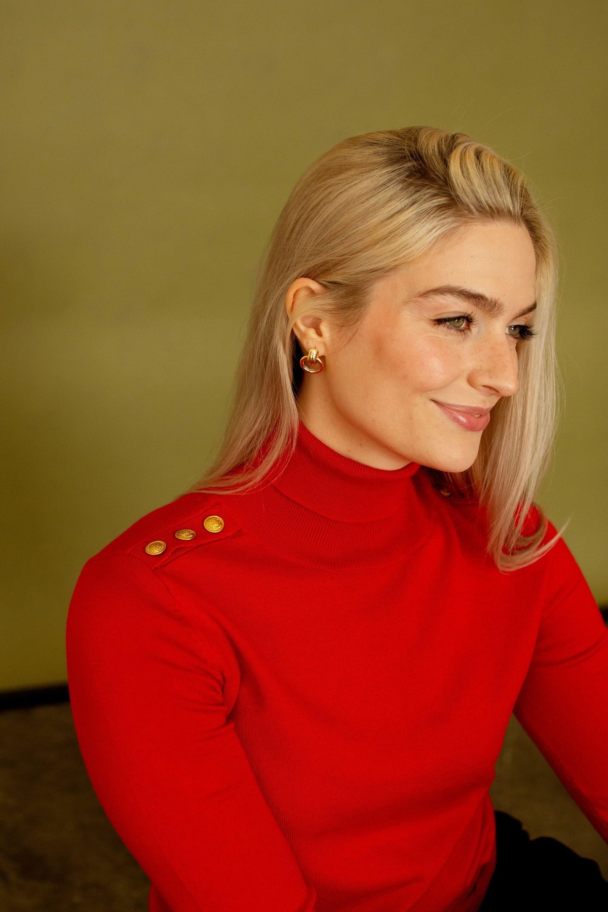 Red Gold Button Detail Turtleneck Top