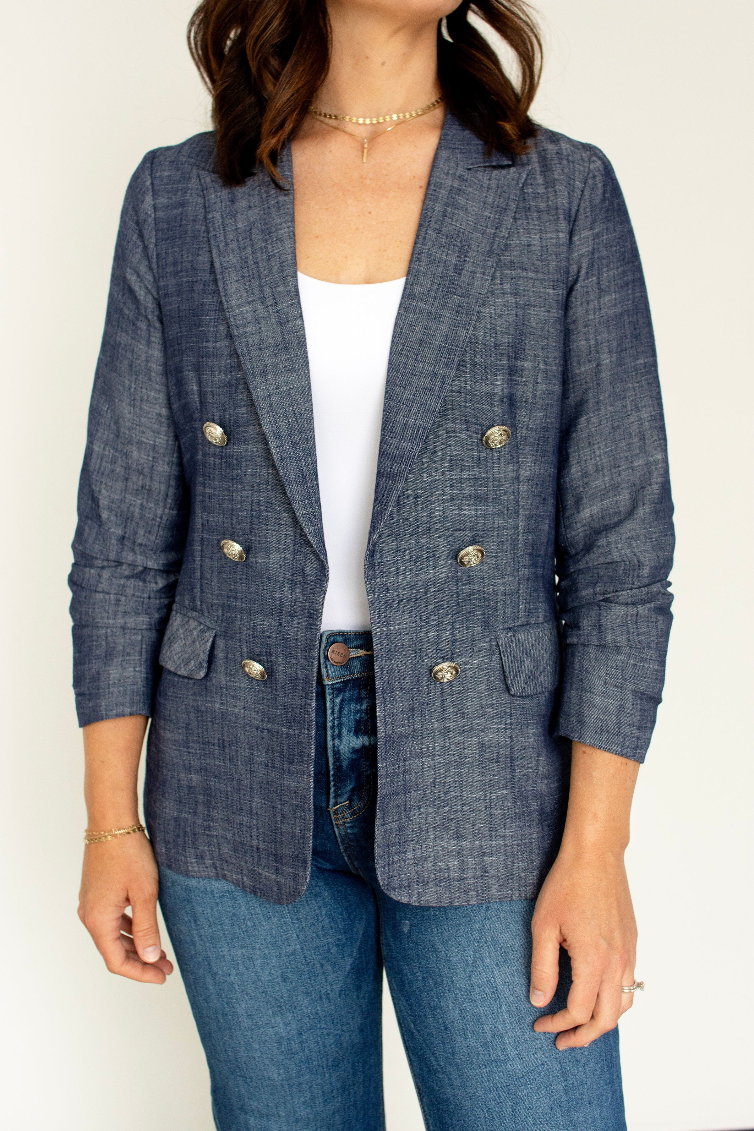 Ruched Sleeve Double-Breasted Chambray Blazer