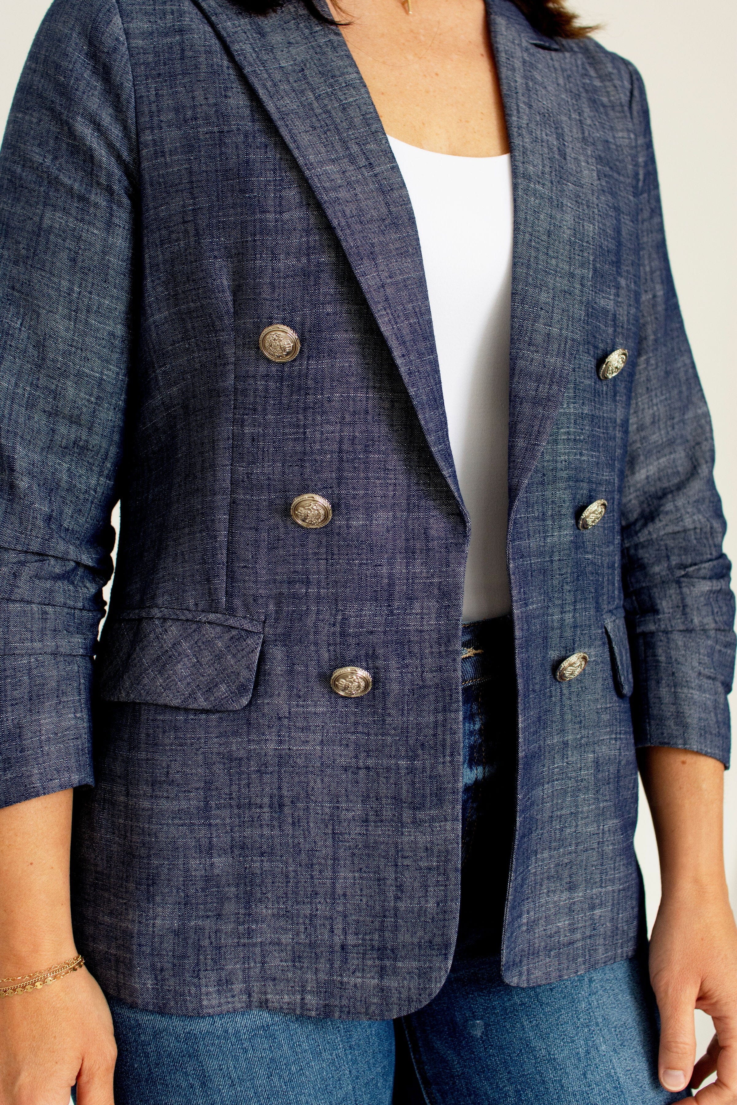 Ruched Sleeve Double-Breasted Chambray Blazer