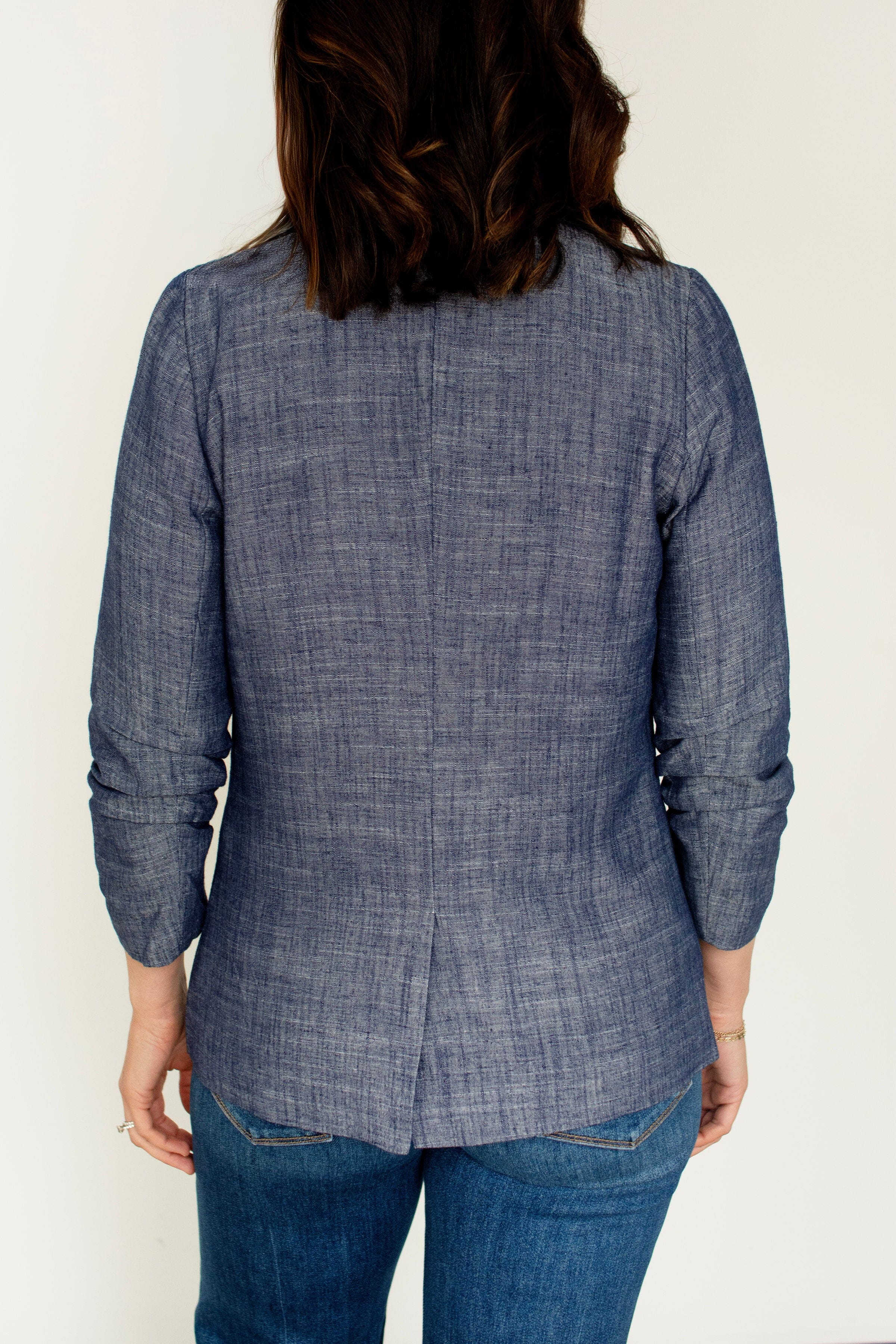 Ruched Sleeve Double-Breasted Chambray Blazer