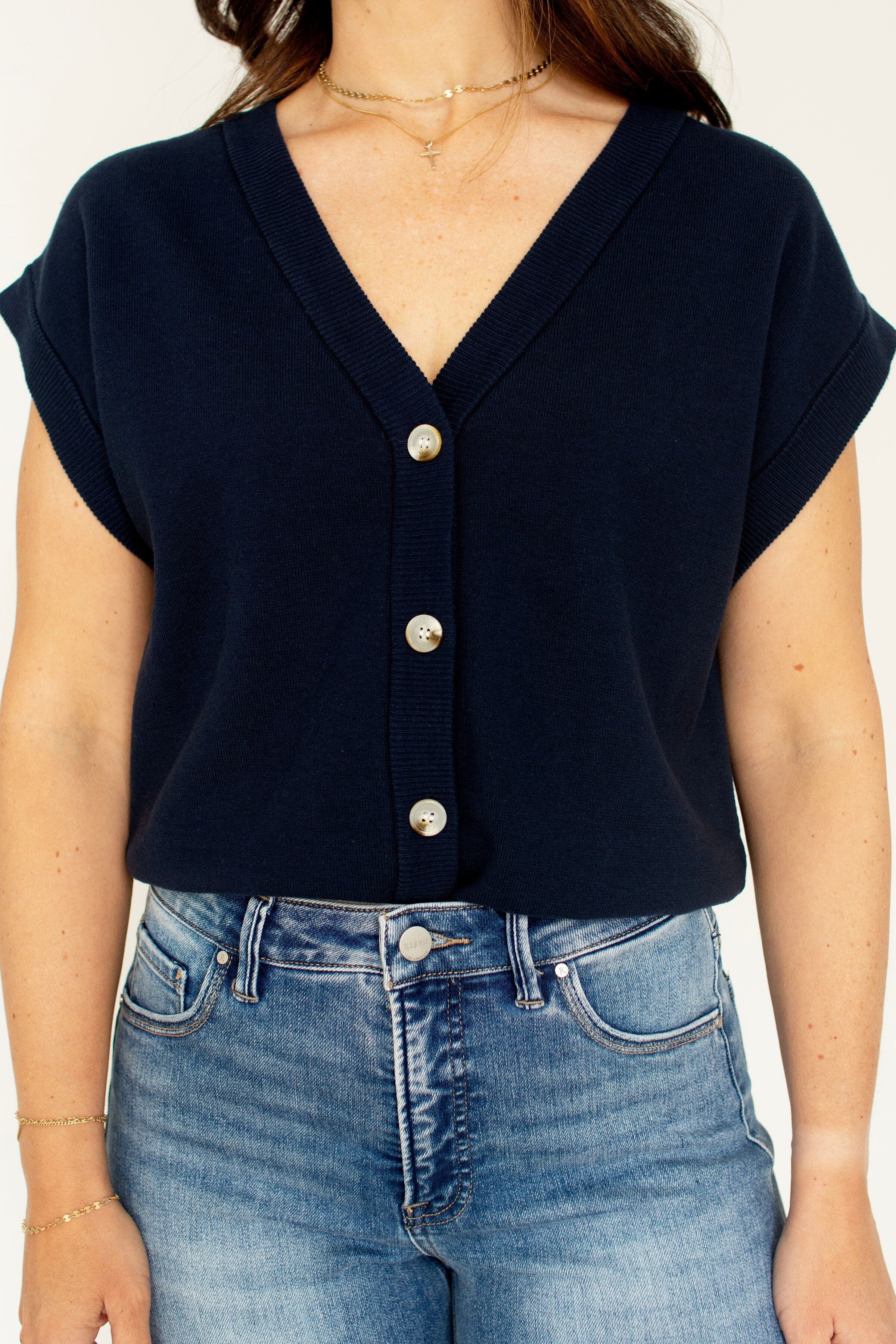 Navy Cotton Button-Front Sweater Vest | Timeless Knit Layering Essential