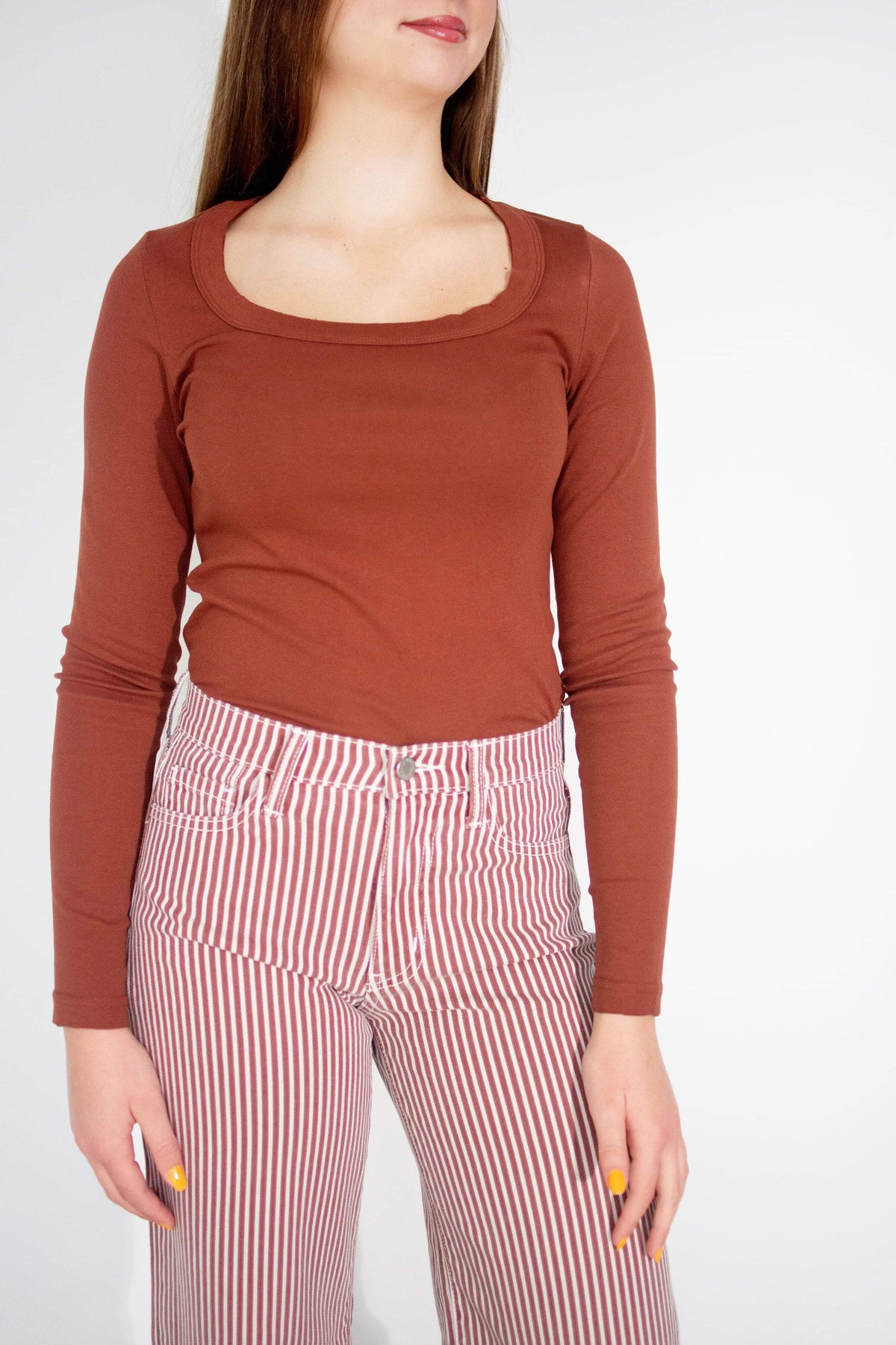 Premium Rust Cotton Scoop Neck Long Sleeve Tee