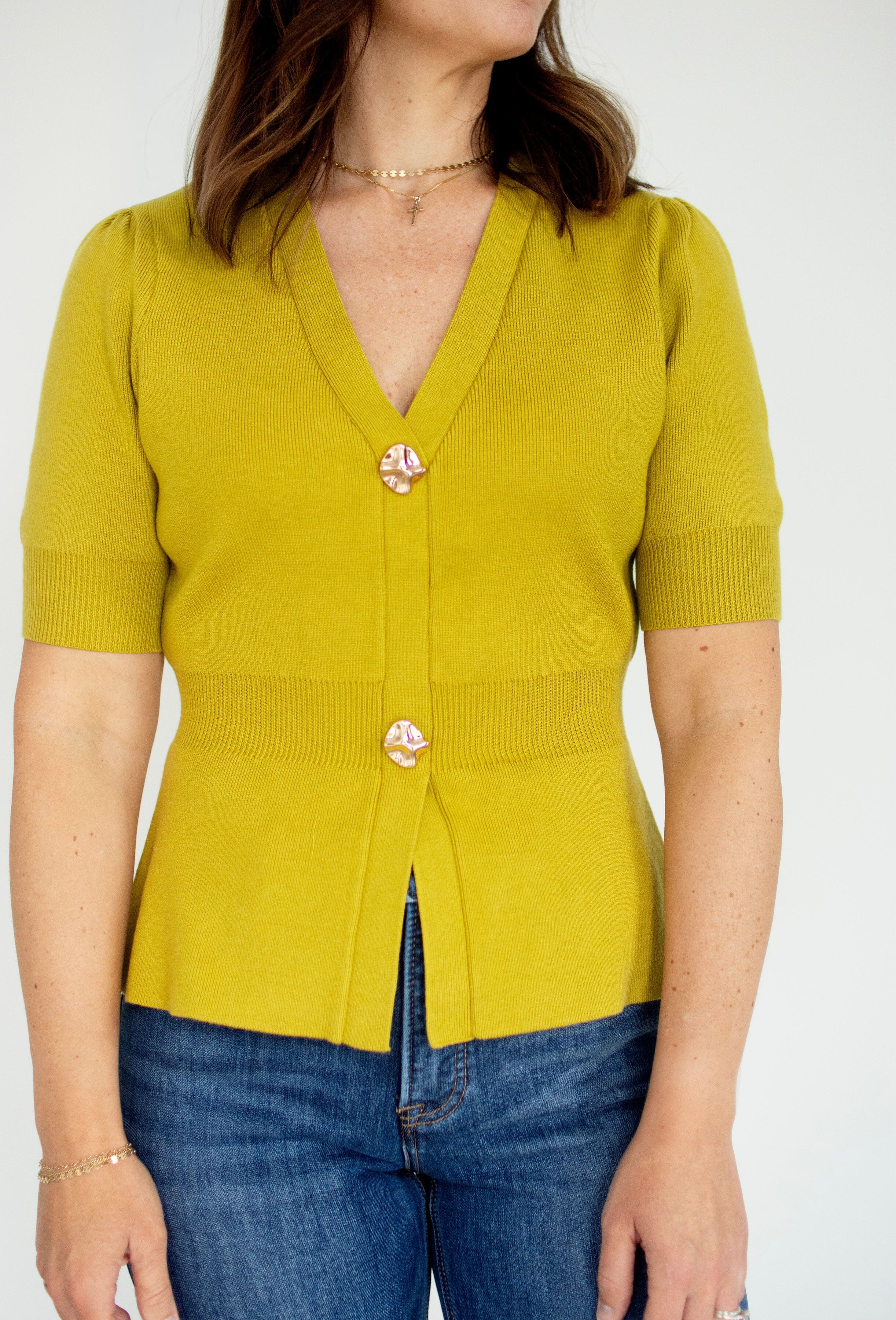 Chartreuse Ribbed Short Sleeve Cardigan | Chic Gold Button Knit Top