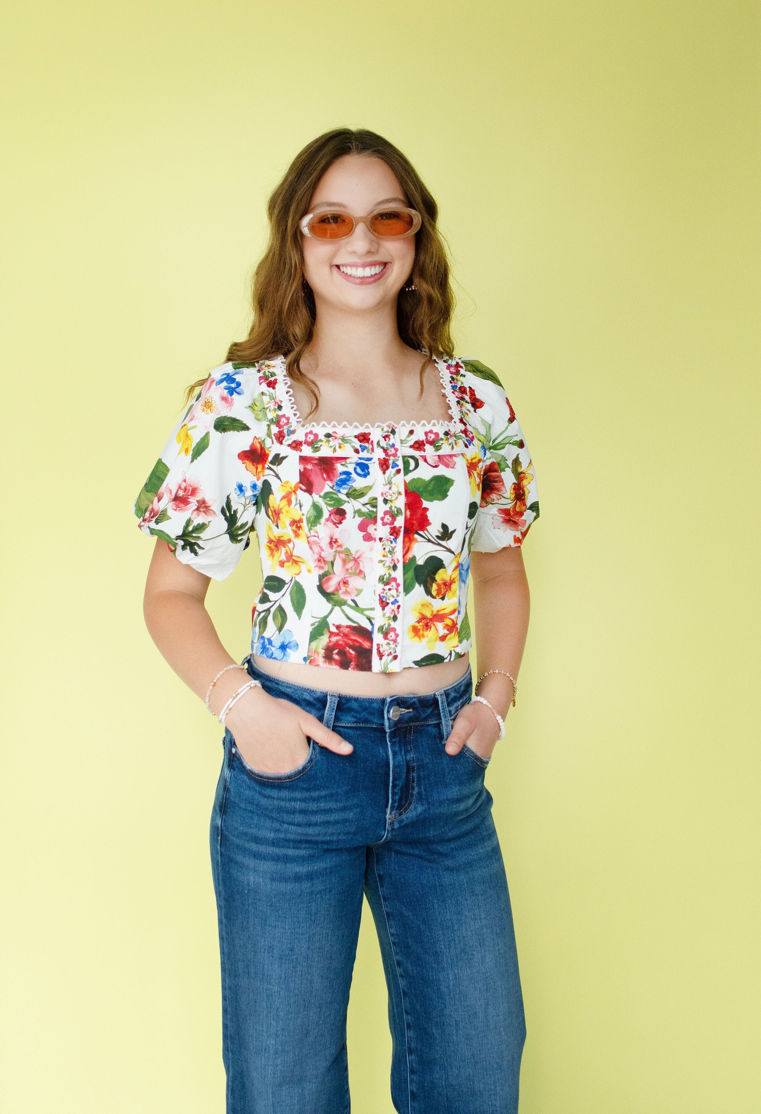 Vintage Floral Puff Sleeve Smocked Crop Top