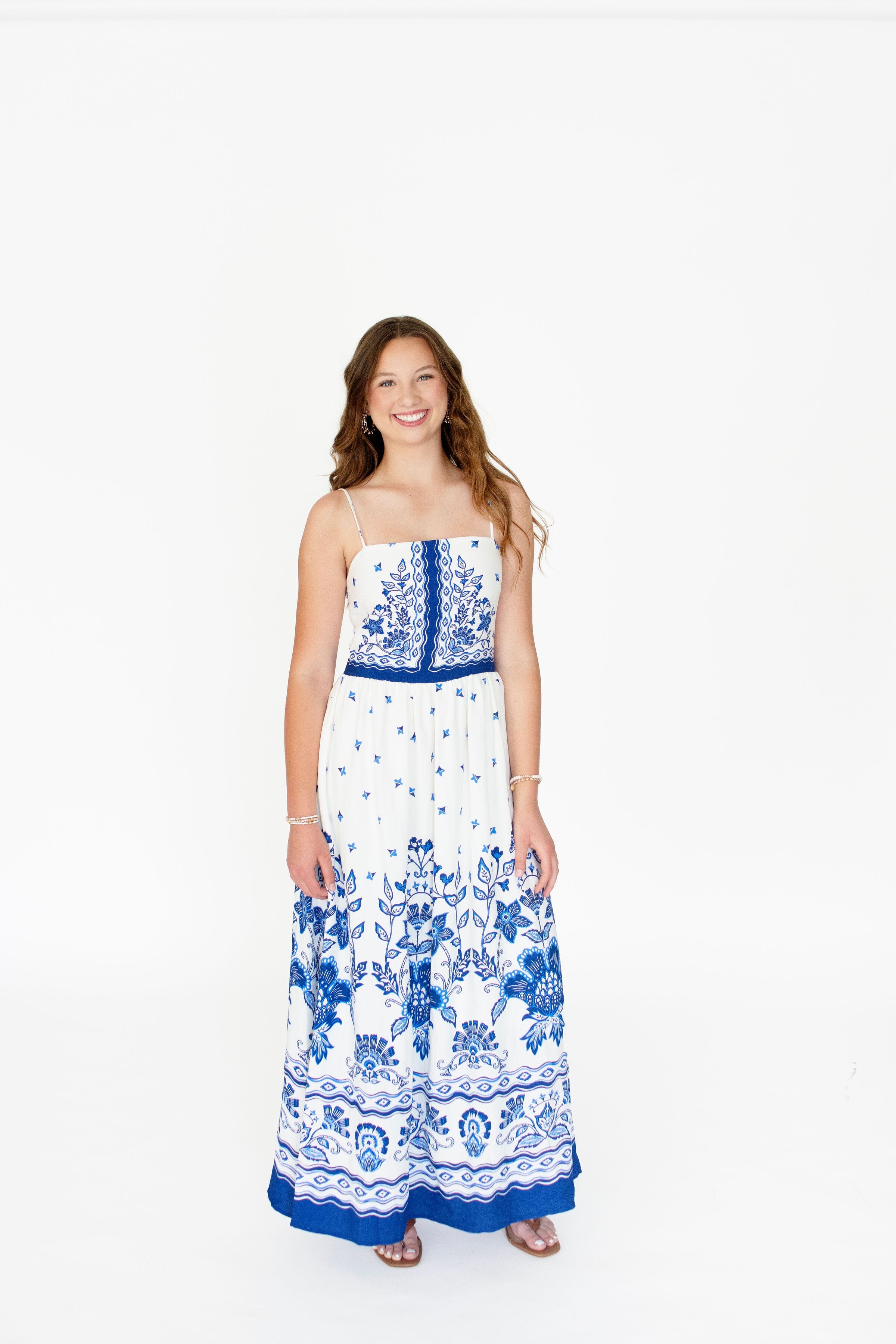 Serene Blue Floral Border Print Maxi Dress