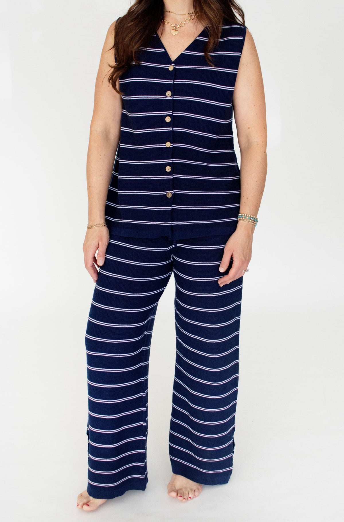 Navy Stripe Linen-Cotton Sleeveless Sweater Top