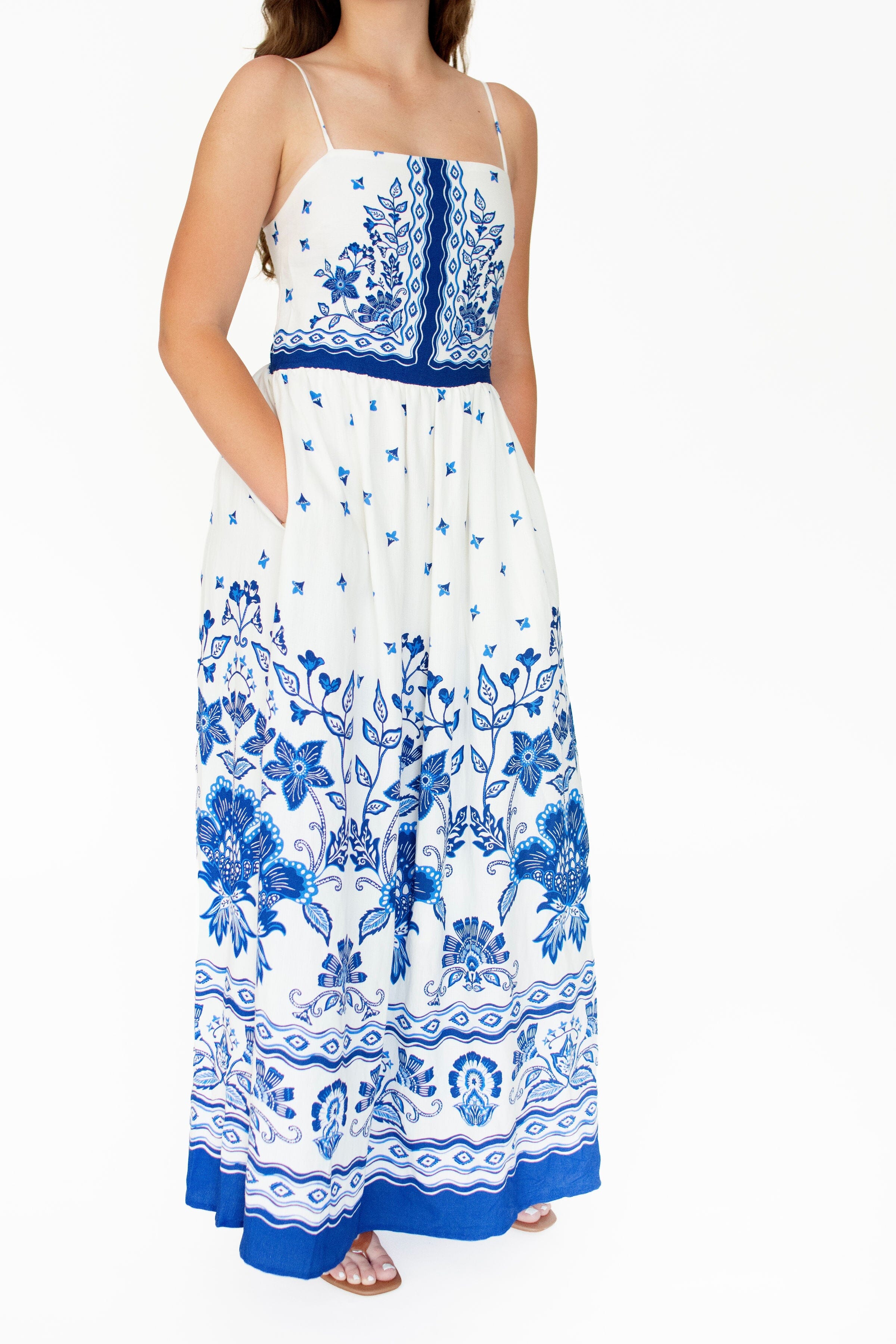 Serene Blue Floral Border Print Maxi Dress
