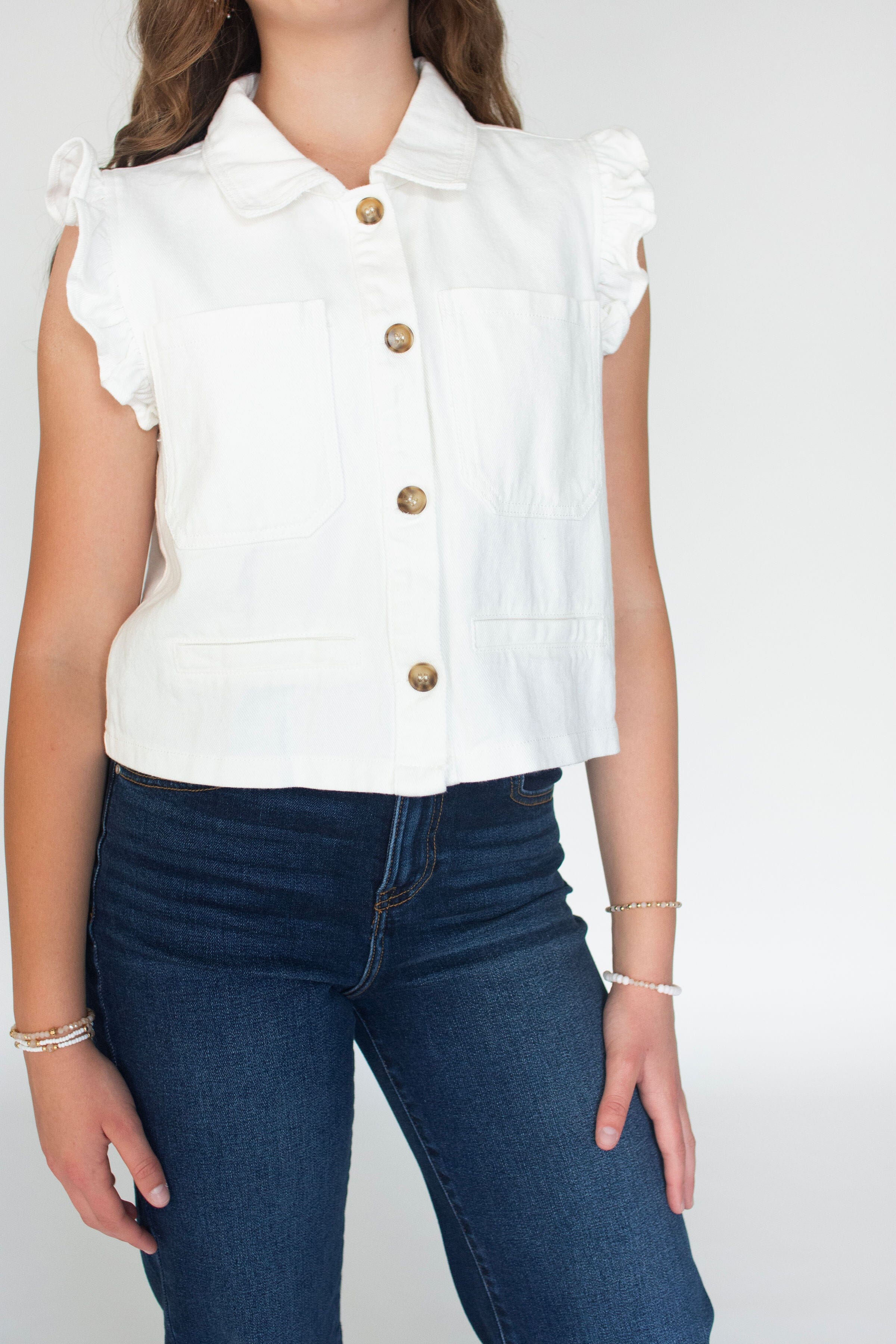 Chic White Ruffle Sleeve Button-Down Twill Vest
